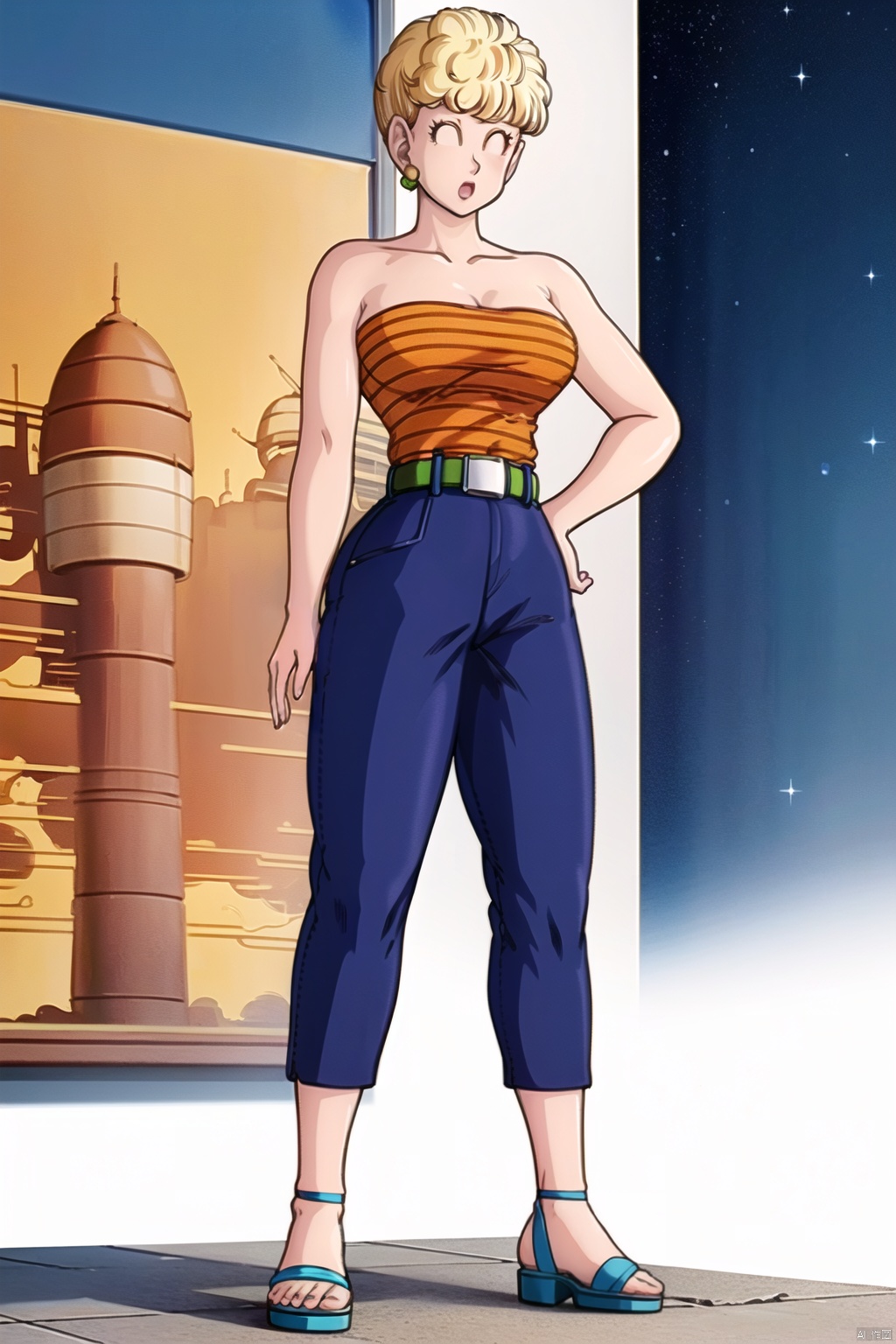 (1girl, solo, short hair, blonde hair, shirt, bare shoulders, jewelry, standing, collarbone, full body, closed eyes, earrings, belt, pants, strapless, sandals, blue pants, shirt tucked in:1.1)
High resolution, Master Painting, CG, Wallpaper, Super Detail, Intricate Detail, Masterpiece, 8k, Contrast, Smooth, bright picture, Soft picture, Rembrandt Lighting, Amazing, Manga style, Manga, Anime, Game CG, ((poakl)),taitai