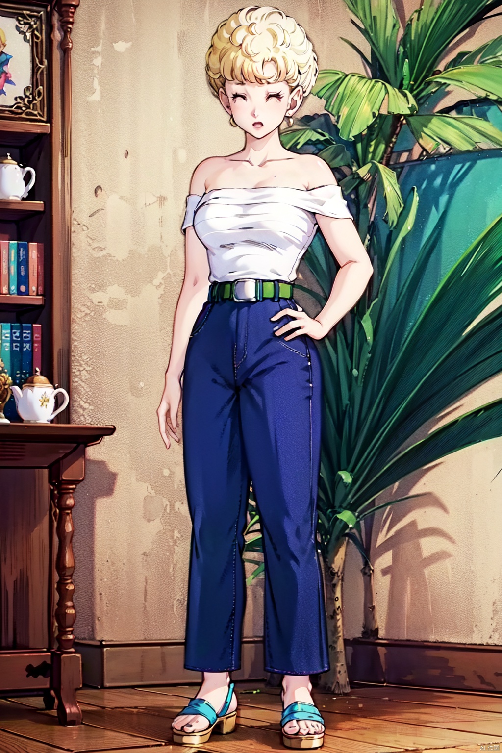 (1girl, solo, short hair, blonde hair, shirt, bare shoulders, jewelry, standing, collarbone, full body, closed eyes, earrings, belt, pants, strapless, sandals, blue pants, shirt tucked in:1.1)
High resolution, Master Painting, CG, Wallpaper, Super Detail, Intricate Detail, Masterpiece, 8k, Contrast, Smooth, bright picture, Soft picture, Rembrandt Lighting, Amazing, Manga style, Manga, Anime, Game CG, ((poakl)),taitai