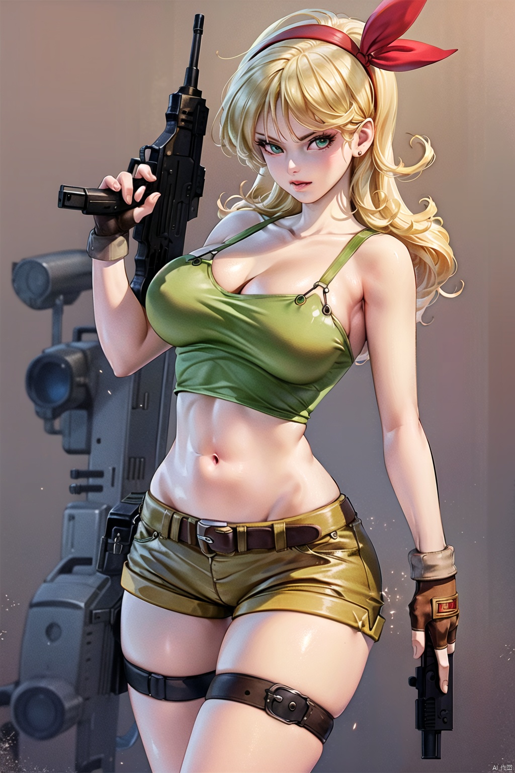 1girl, solo, long hair, breasts, looking at viewer, blonde hair, large breasts, shirt, gloves, ribbon, navel, holding, cleavage, bare shoulders, medium breasts, closed mouth, green eyes, standing, collarbone, hair ribbon, weapon, cowboy shot, hairband, shorts, midriff, belt, fingerless gloves, stomach, holding weapon, blurry, red ribbon, lips, crop top, gun, short shorts, eyelashes, thigh strap, depth of field, blurry background, **** top, holding gun, brown gloves, handgun, legs apart, contrapposto, curly hair, red hairband, holster, brown shorts, thigh holster, finger on trigger,lanqi