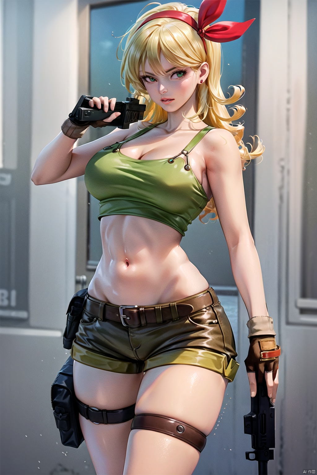 1girl, solo, long hair, breasts, looking at viewer, blonde hair, large breasts, shirt, gloves, ribbon, navel, holding, cleavage, bare shoulders, medium breasts, closed mouth, green eyes, standing, collarbone, hair ribbon, weapon, cowboy shot, hairband, shorts, midriff, belt, fingerless gloves, stomach, holding weapon, blurry, red ribbon, lips, crop top, gun, short shorts, eyelashes, thigh strap, depth of field, blurry background, **** top, holding gun, brown gloves, handgun, legs apart, contrapposto, curly hair, red hairband, holster, brown shorts, thigh holster, finger on trigger,lanqi