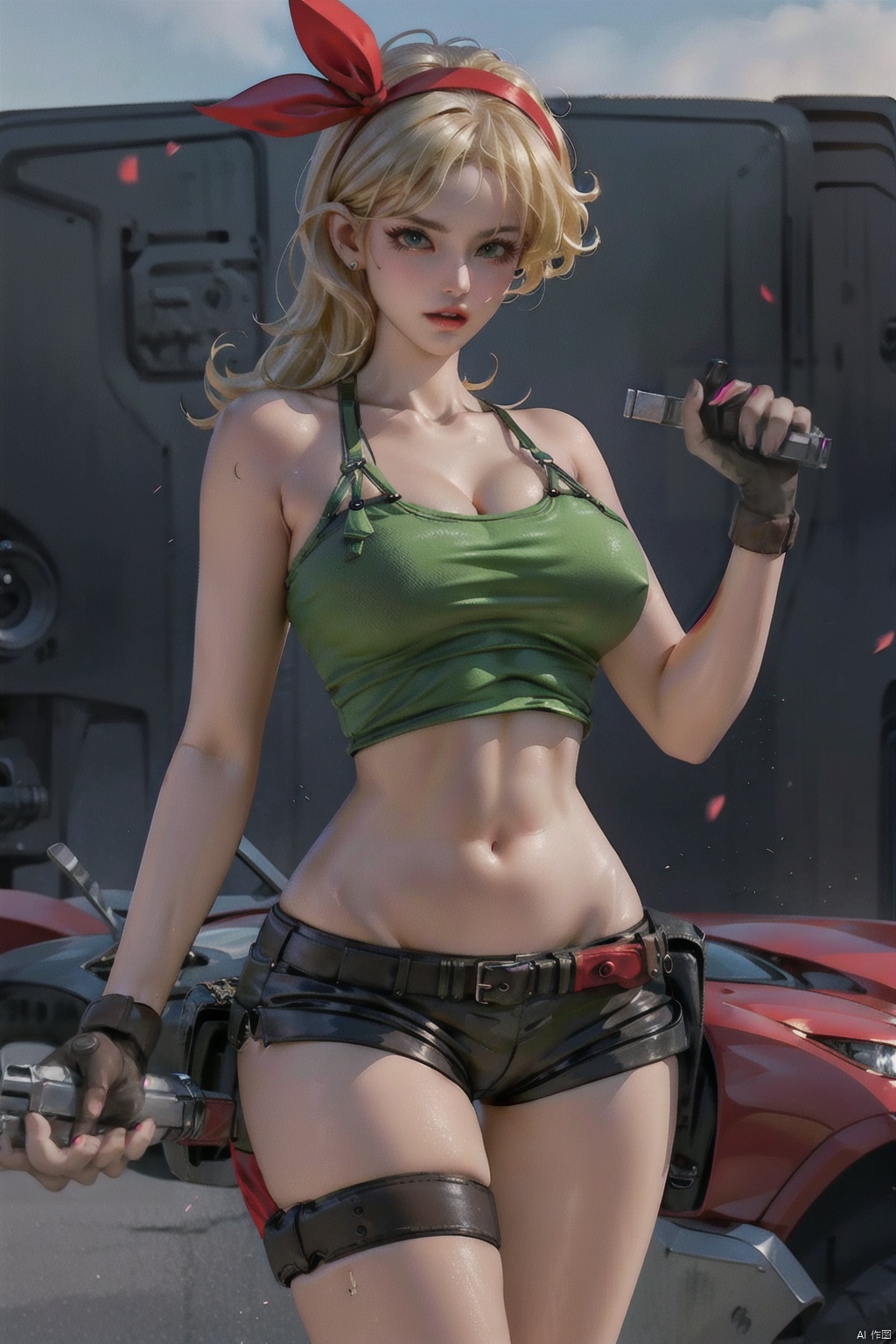1girl, solo, long hair, breasts, looking at viewer, blonde hair, large breasts, shirt, gloves, ribbon, navel, holding, cleavage, bare shoulders, medium breasts, closed mouth, green eyes, standing, collarbone, hair ribbon, weapon, cowboy shot, hairband, shorts, midriff, belt, fingerless gloves, stomach, holding weapon, blurry, red ribbon, lips, crop top, gun, short shorts, eyelashes, thigh strap, depth of field, blurry background, **** top, holding gun, brown gloves, handgun, legs apart, contrapposto, curly hair, red hairband, holster, brown shorts, thigh holster, finger on trigger,lanqi