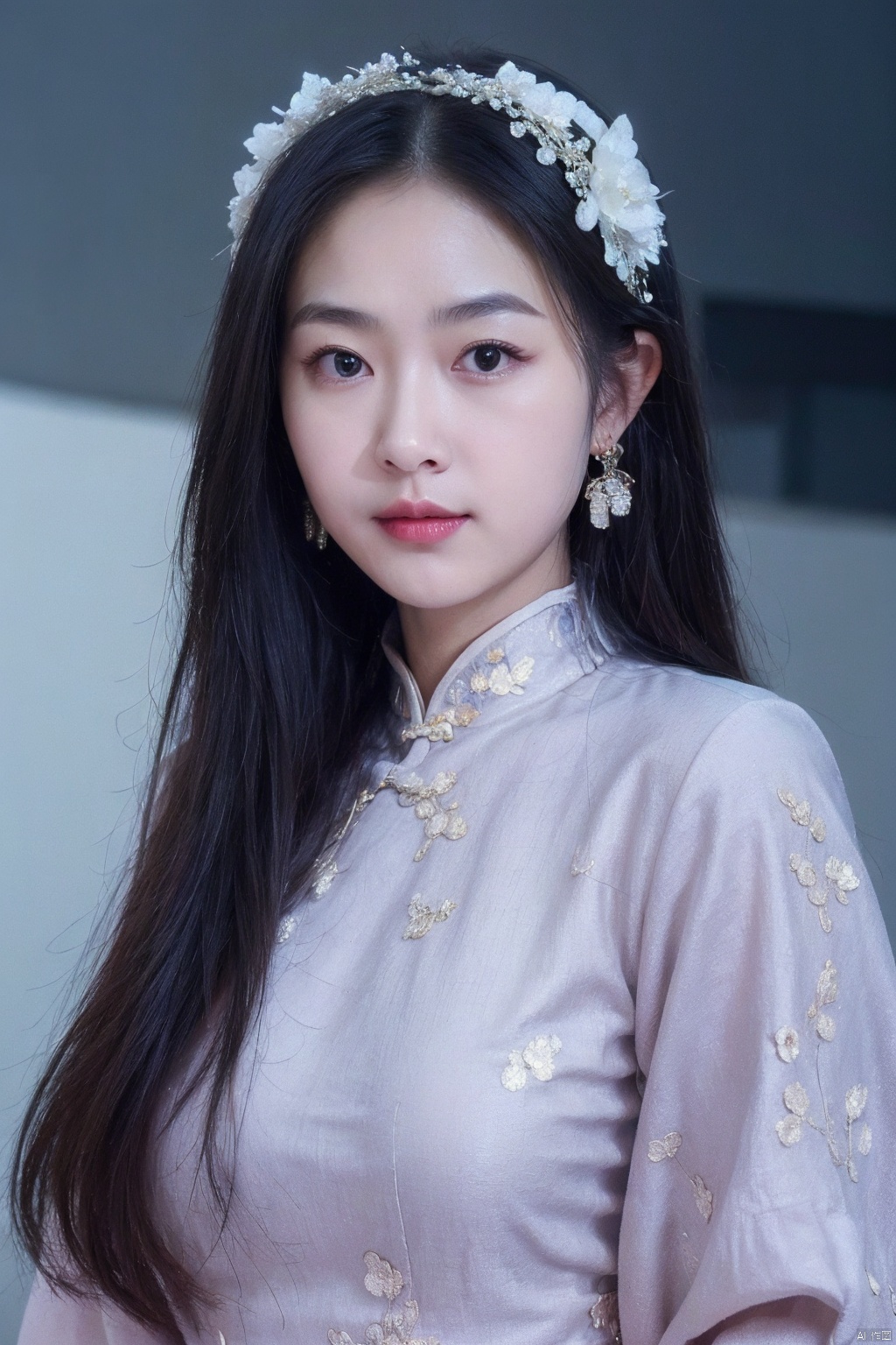 1girl, solo, looking at viewer, black hair, hair ornament, long sleeves, brown eyes, jewelry, upper body, flower, earrings, hair flower, wide sleeves, lips, chinese clothes, realistic, red lips, korean clothes,Cyberpunk