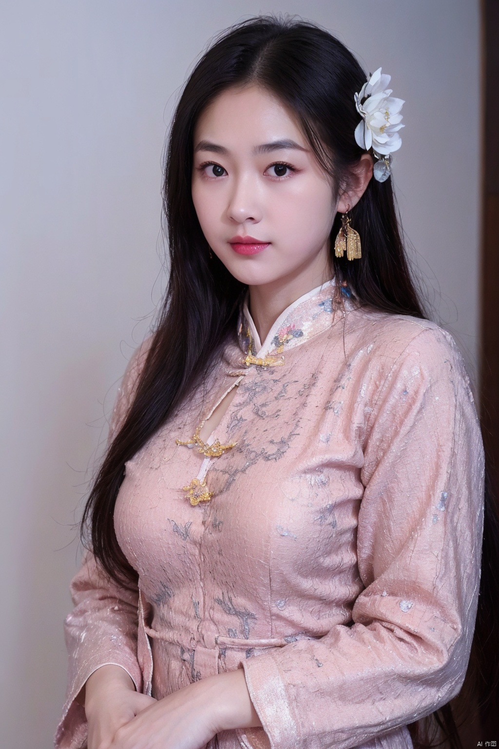 1girl, solo, looking at viewer, black hair, hair ornament, long sleeves, brown eyes, jewelry, upper body, flower, earrings, hair flower, wide sleeves, lips, chinese clothes, realistic, red lips, korean clothes,Cyberpunk
