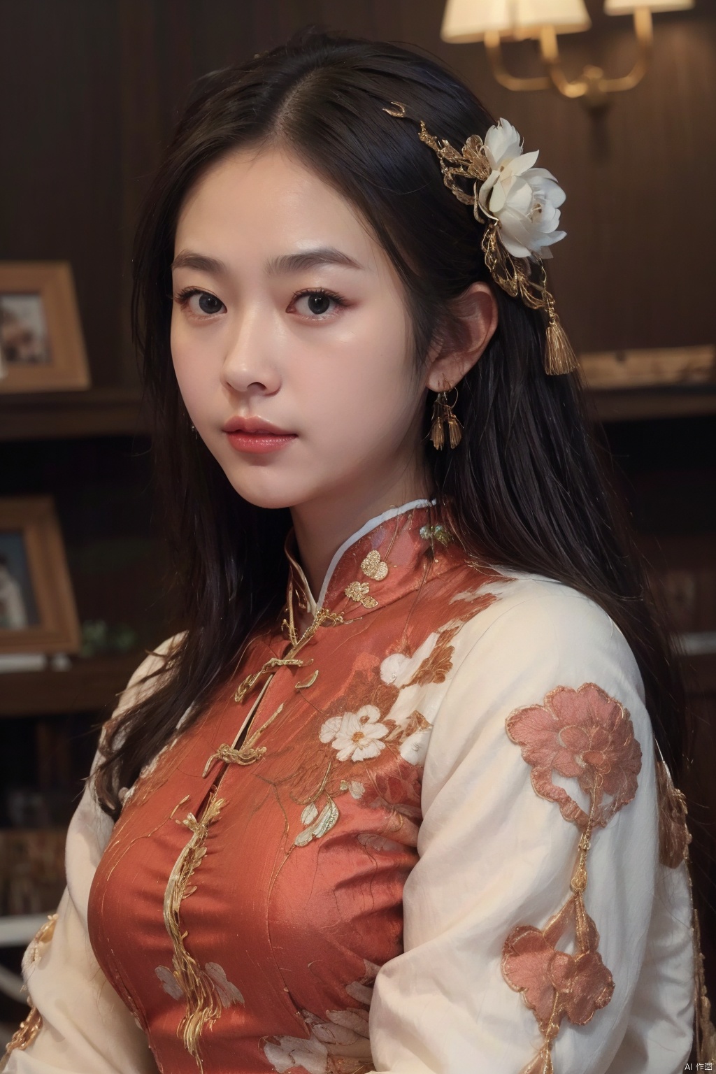 1girl, solo, looking at viewer, black hair, hair ornament, long sleeves, brown eyes, jewelry, upper body, flower, earrings, hair flower, wide sleeves, lips, chinese clothes, realistic, red lips, korean clothes,Cyberpunk