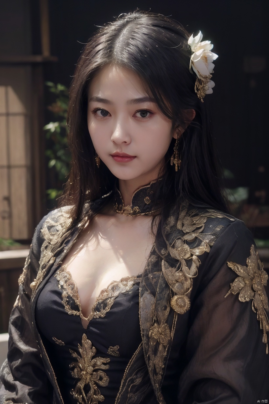 1girl, solo, looking at viewer, black hair, hair ornament, long sleeves, brown eyes, jewelry, upper body, flower, earrings, hair flower, wide sleeves, lips, chinese clothes, realistic, red lips, korean clothes,Cyberpunk