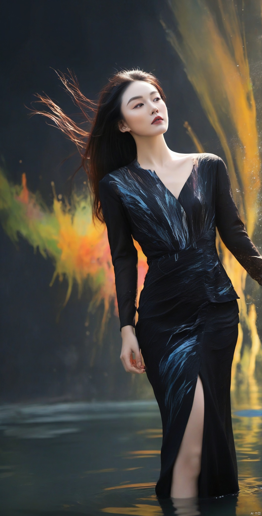 1girl,solo,dark theme,(from below:1.1), (masterpiece,top quality,best quality,official art,beautiful and aesthetic:1.2), Simple background,depth of field, (colorful:1.1), (dynamic pose), (dynamic angle:1.4), glowing skin,elegant, a brutalist designed, vivid colours, romanticism, Samoan pond, Fluid Moving well-built girl, Fall, expressive brush strokes, Swirling, 1girl,black lace dress (masterpiece, best quality:1.4),finely detailed,pale skin,perfect body, Transparent clothes,Long hair, black hair, straight hair,Shallow background,Frontal photos,