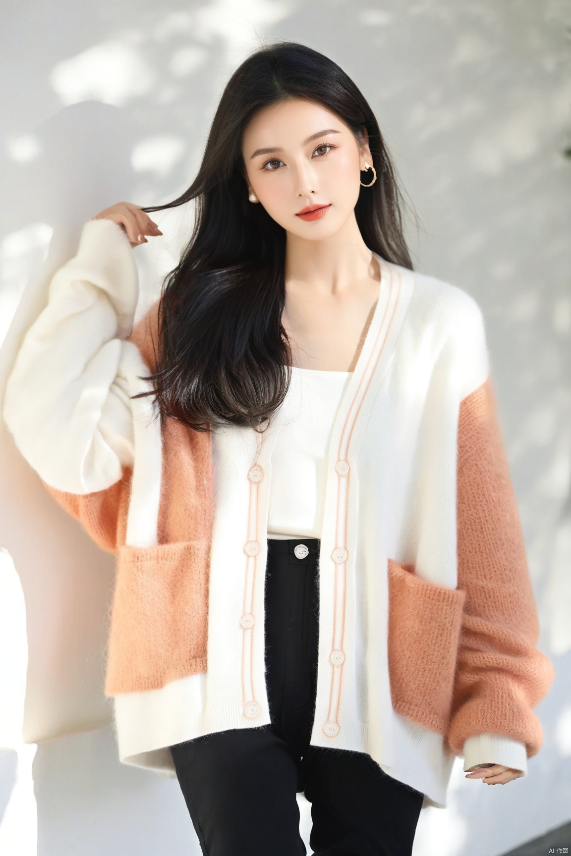  1girl,solo,light black hair,blush,shirt,white shirt,orange cardigan,cardigan,collarbone,cropped legs,long sleeves,sleeves past wrists,cowboy shot,