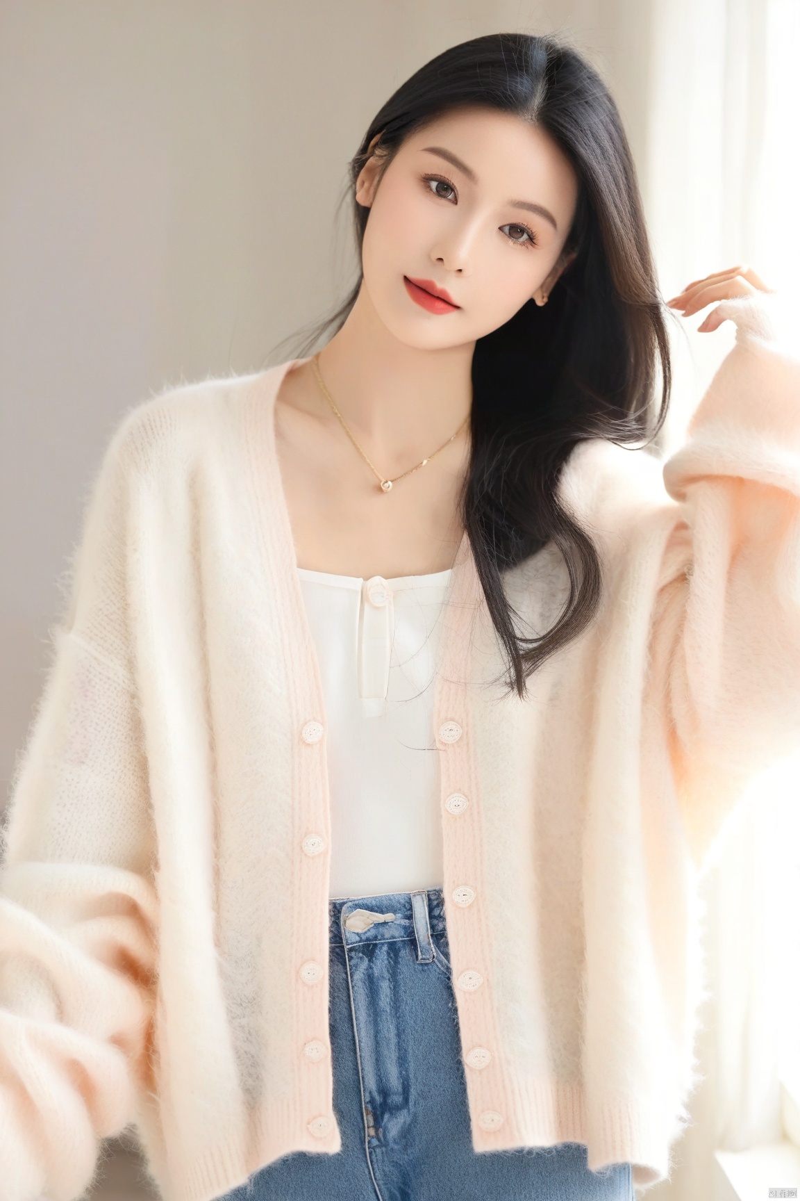  1girl,solo,light black hair,blush,shirt,white shirt,orange cardigan,cardigan,collarbone,cropped legs,long sleeves,sleeves past wrists,cowboy shot,