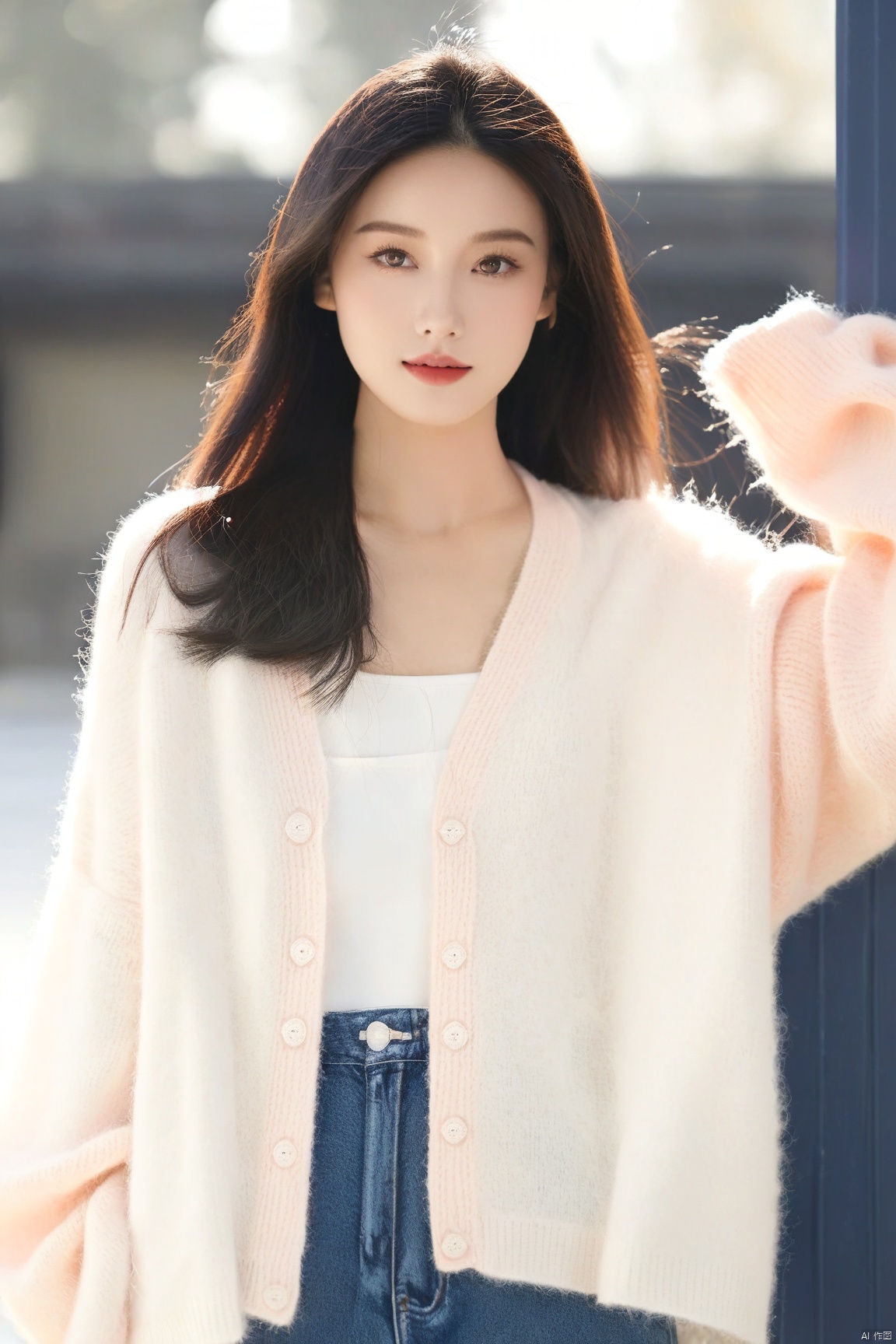  1girl,solo,light black hair,blush,shirt,white shirt,orange cardigan,cardigan,collarbone,cropped legs,long sleeves,sleeves past wrists,cowboy shot,
