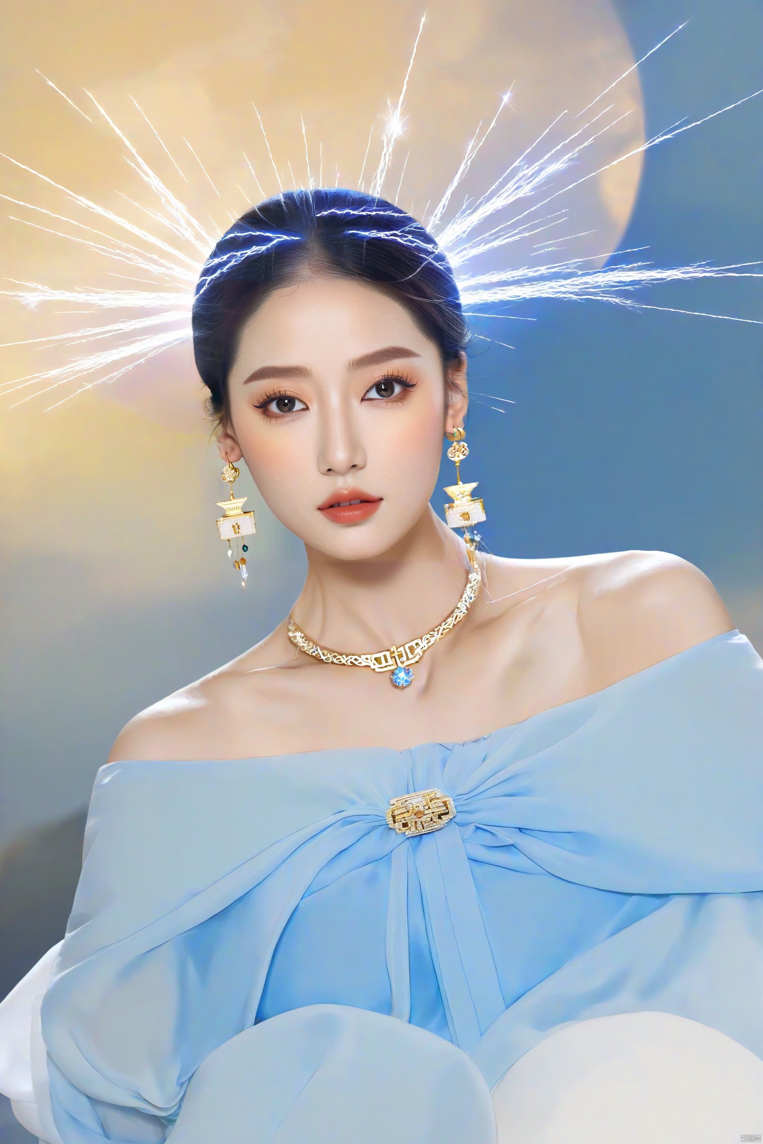  1girl,Bangs, off shoulder, black hair, blue dress, blue eyes, chest, earrings, dress, earrings, floating hair, jewelry, sleeveless, short hair,Looking at the observer, parted lips, pierced,energy,electricity,magic, dofas, yue , hair ornament , hanfu
