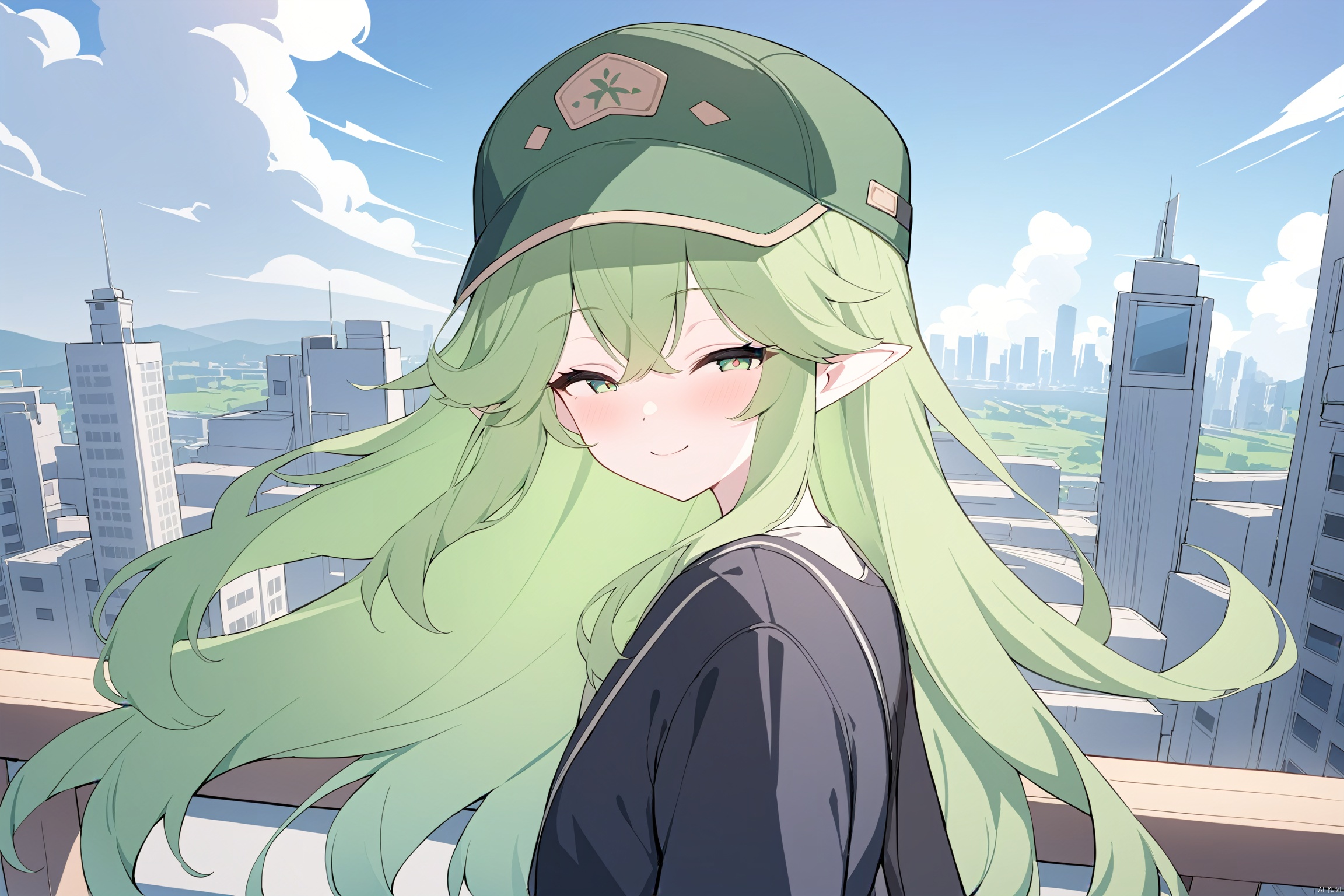 (masterpiece),Close eye:1.5,(best quality),Backlight,shadow,1girl, solo, pointy ears, green hair, green headwear, green eyes, hat, long hair,back,Close eyes,smile,day,blue sky,sky,sun,cloud,Looking back,On the bridge,city,building,modern city