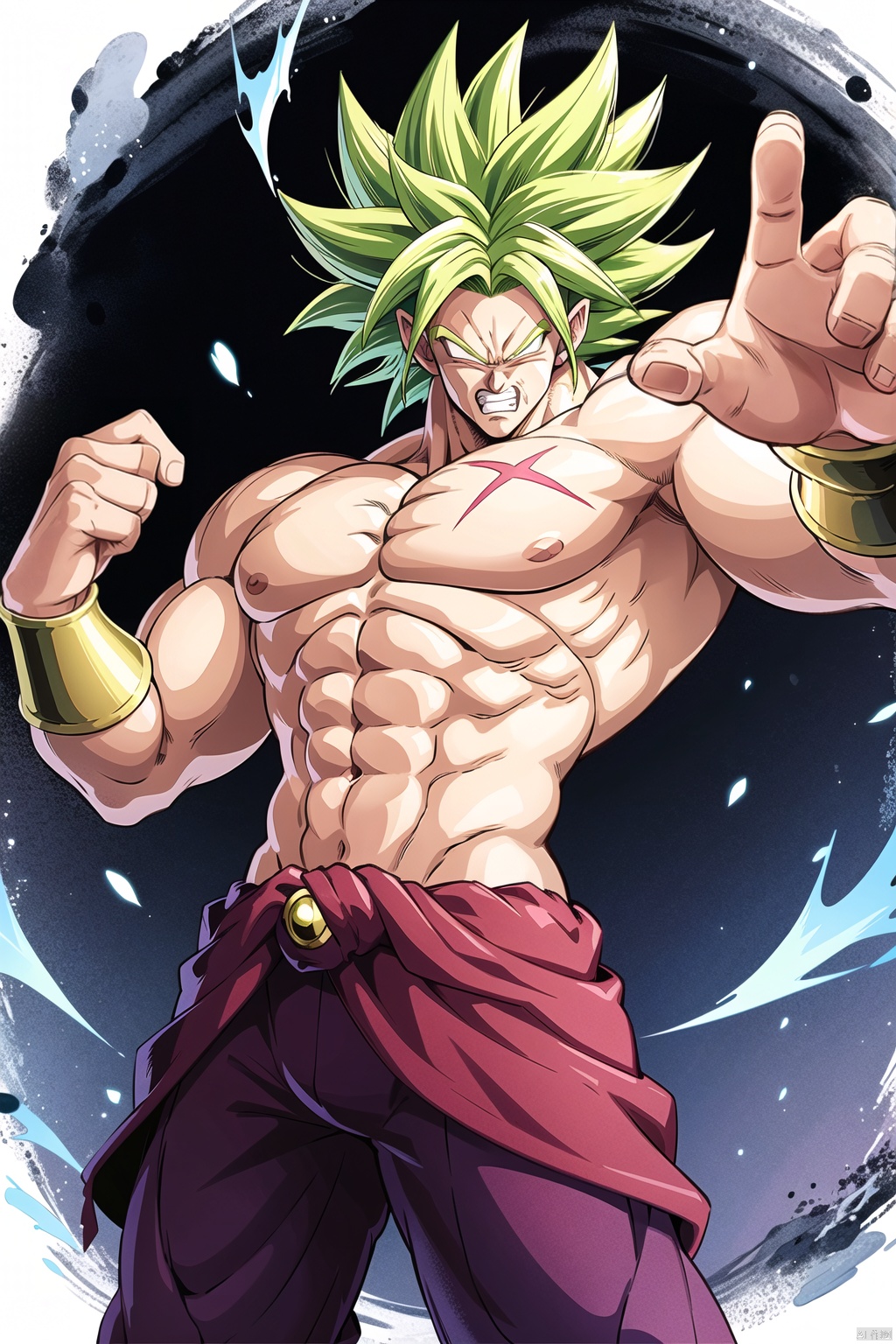 solo, 1boy, male focus, green hair, teeth, pants, muscular, scar, abs, pectorals, muscular male, spiked hair, clenched teeth, clenched hand, scar on face, topless male, aura, no pupils, scar on chest, super saiyan,buluoli