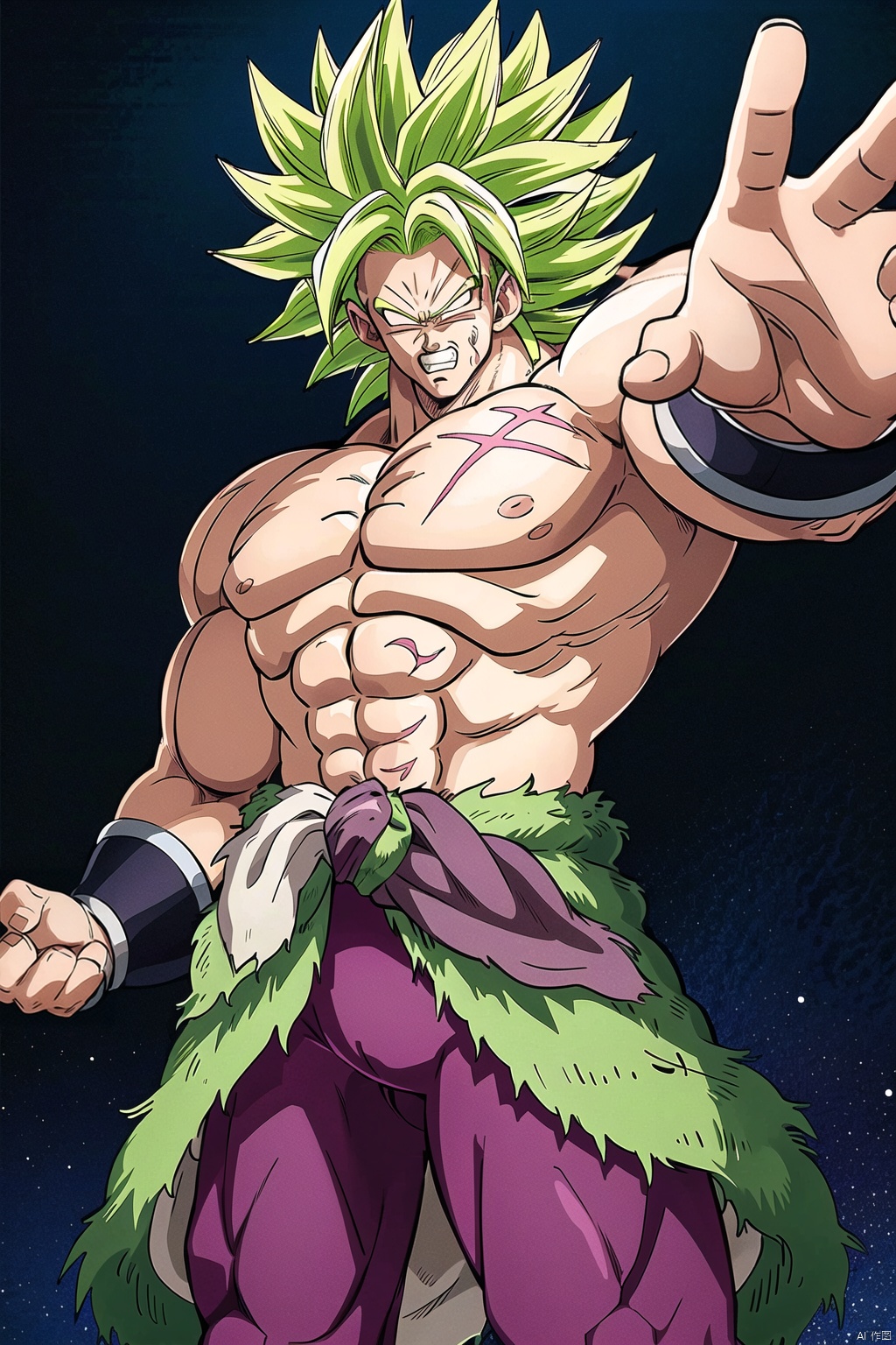 solo, 1boy, male focus, green hair, teeth, pants, muscular, scar, abs, pectorals, muscular male, spiked hair, clenched teeth, clenched hand, scar on face, topless male, aura, no pupils, scar on chest, super saiyan,buluoli
