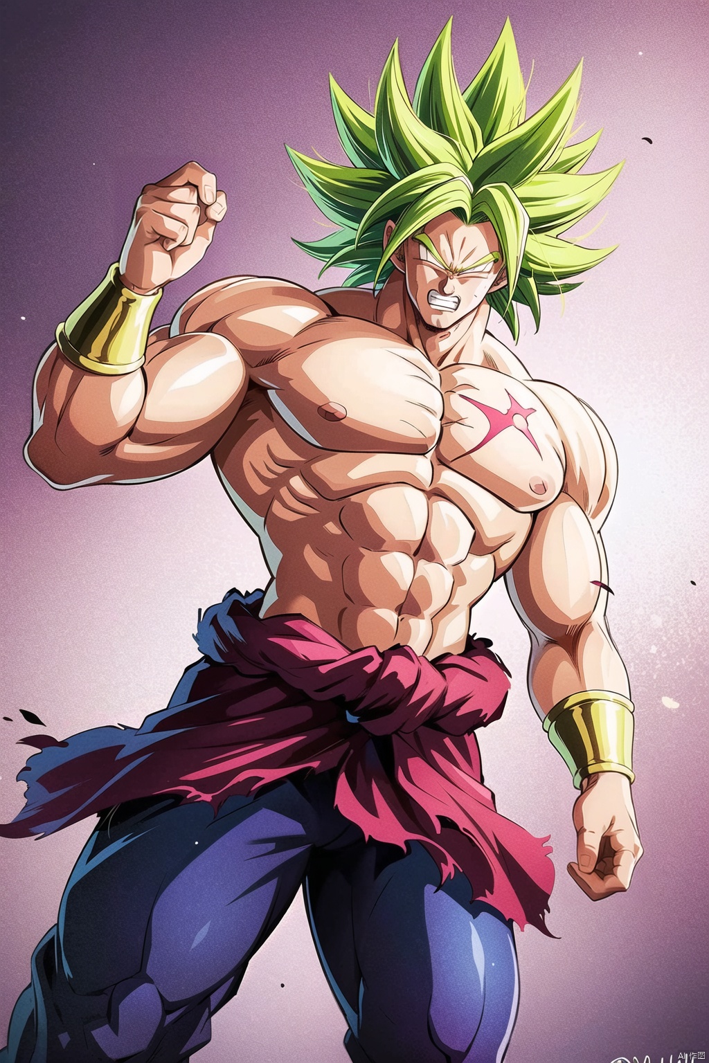solo, 1boy, male focus, green hair, teeth, pants, muscular, scar, abs, pectorals, muscular male, spiked hair, clenched teeth, clenched hand, scar on face, topless male, aura, no pupils, scar on chest, super saiyan,buluoli