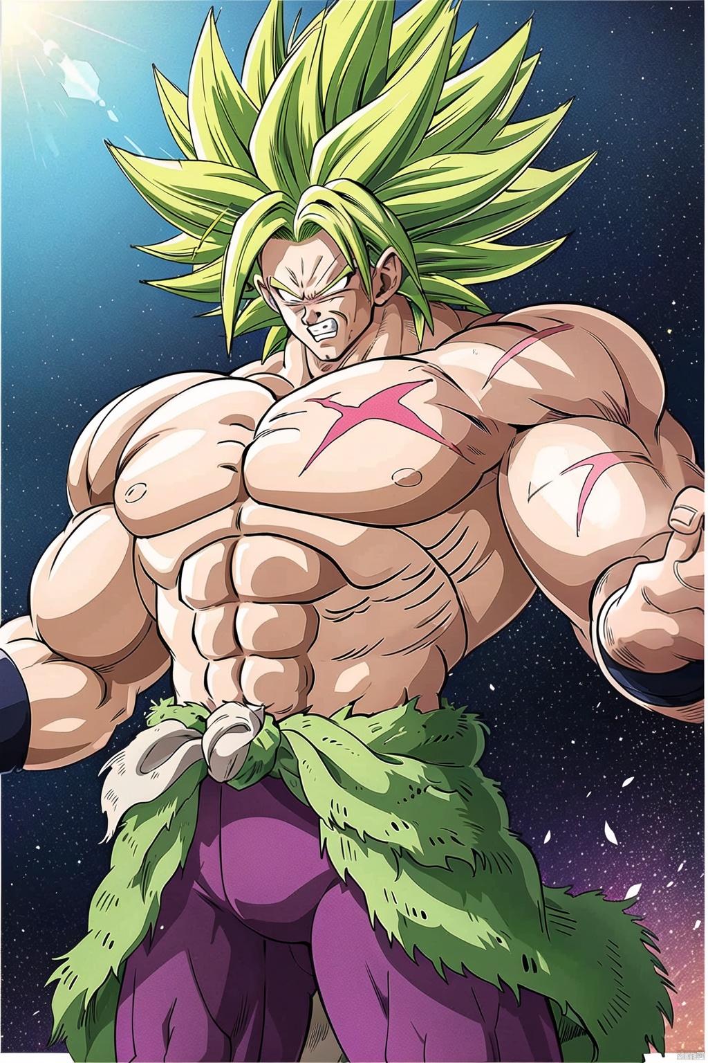 solo, 1boy, male focus, green hair, teeth, pants, muscular, scar, abs, pectorals, muscular male, spiked hair, clenched teeth, clenched hand, scar on face, topless male, aura, no pupils, scar on chest, super saiyan,buluoli
