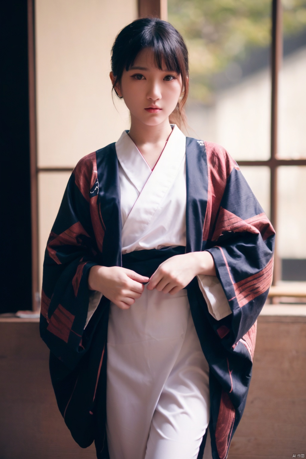 1girl, solo, japanese_clothes, brown_eyes, kimono, ( chiaroscuro,Fujicolor, UHD, super detail ,raw,85mm,f/1.2,FujifilmXT4,),