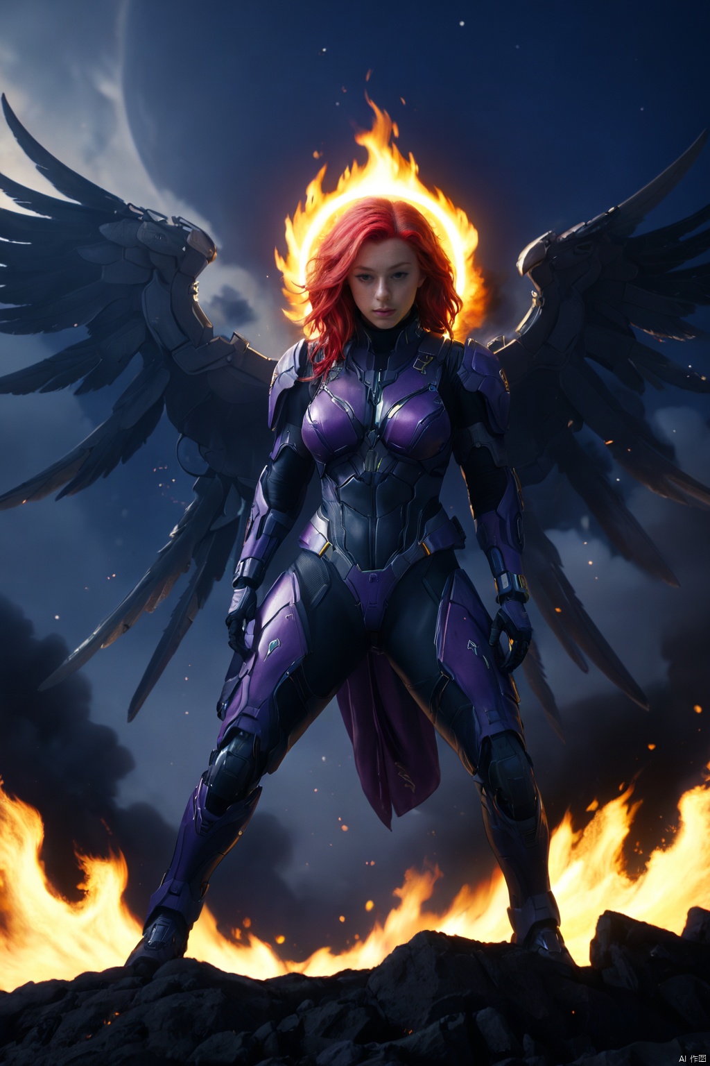 masterpiece, top quality,phoenix dark is x-men, beautiful and aesthetic:1.2, (1girl:1.3), (full body:1.5),red suitbody ,looking at viewer,fire hair, extreme detailed,(fire hands:1.5),fire,smoke,goddess, detailed, detail fingers, detail face, masterpiece,ultra realistic,32k,extremely detailed CG unity 8k wallpaper, best quality, Cinematic photography, movie mood, cinematic light, compelling composition, storytelling elements, conveys emotion, mood, and narrative depth, creating visually striking images that feel like still frames from a film, Cinematic portrait photography, capture subject in a way that resembles a still frame from a movie, cinematic lighting, story, narrative quality, drawing viewers into the scene and evoking a sense of cinematic immersion, capturing emotion, professional, engaging, compelling composition, night photography, nocturnal beauty, city lights, starry skies, celestial wonders, moonlit landscapes, urban glow, capturing the essence of darkness, ethereal atmosphere, dramatic shadows, magical ambiance, long exposure techniques, expert use of light sources,MECHA ANGEL SOLDIER,TRIDENT,Heavenly Breasts,RUANYI0516 purple bodysuit machanic wing, Huge breasts