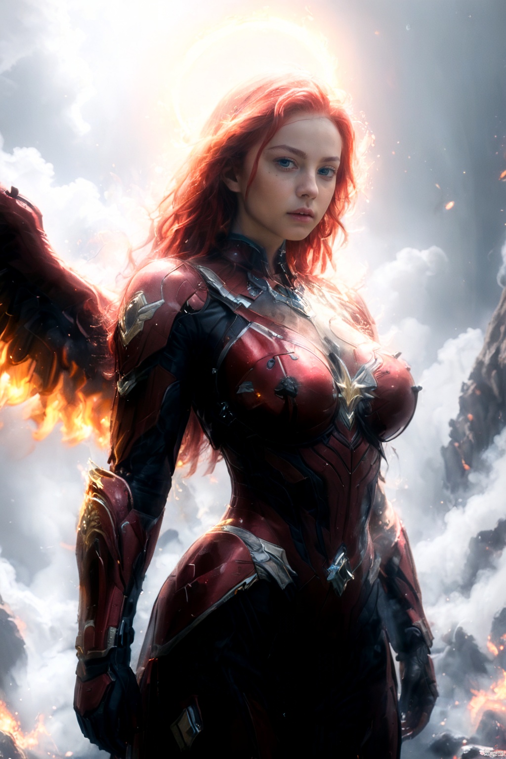 masterpiece, top quality,phoenix dark is x-men, beautiful and aesthetic:1.2, (1girl:1.3), (full body:1.5),red suitbody ,looking at viewer,fire hair, extreme detailed,(fire hands:1.5),fire,smoke,goddess, detailed, detail fingers, detail face, masterpiece,ultra realistic,32k,extremely detailed CG unity 8k wallpaper, best quality, Cinematic photography, movie mood, cinematic light, compelling composition, storytelling elements, conveys emotion, mood, and narrative depth, creating visually striking images that feel like still frames from a film, Cinematic portrait photography, capture subject in a way that resembles a still frame from a movie, cinematic lighting, story, narrative quality, drawing viewers into the scene and evoking a sense of cinematic immersion, capturing emotion, professional, engaging, compelling composition, night photography, nocturnal beauty, city lights, starry skies, celestial wonders, moonlit landscapes, urban glow, capturing the essence of darkness, ethereal atmosphere, dramatic shadows, magical ambiance, long exposure techniques, expert use of light sources,MECHA ANGEL SOLDIER,TRIDENT,Heavenly Breasts