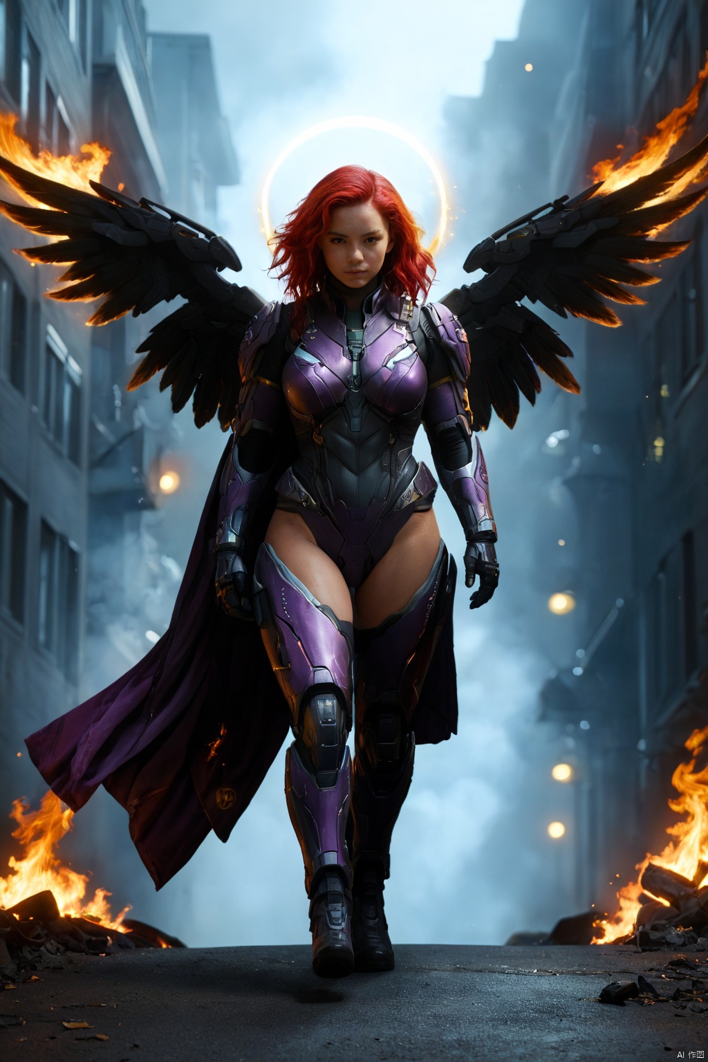 masterpiece, top quality,phoenix dark is x-men, beautiful and aesthetic:1.2, (1girl:1.3), (full body:1.5),red suitbody ,looking at viewer,fire hair, extreme detailed,(fire hands:1.5),fire,smoke,goddess, detailed, detail fingers, detail face, masterpiece,ultra realistic,32k,extremely detailed CG unity 8k wallpaper, best quality, Cinematic photography, movie mood, cinematic light, compelling composition, storytelling elements, conveys emotion, mood, and narrative depth, creating visually striking images that feel like still frames from a film, Cinematic portrait photography, capture subject in a way that resembles a still frame from a movie, cinematic lighting, story, narrative quality, drawing viewers into the scene and evoking a sense of cinematic immersion, capturing emotion, professional, engaging, compelling composition, night photography, nocturnal beauty, city lights, starry skies, celestial wonders, moonlit landscapes, urban glow, capturing the essence of darkness, ethereal atmosphere, dramatic shadows, magical ambiance, long exposure techniques, expert use of light sources,MECHA ANGEL SOLDIER,TRIDENT,Heavenly Breasts,RUANYI0516 purple bodysuit machanic wing, Huge breasts