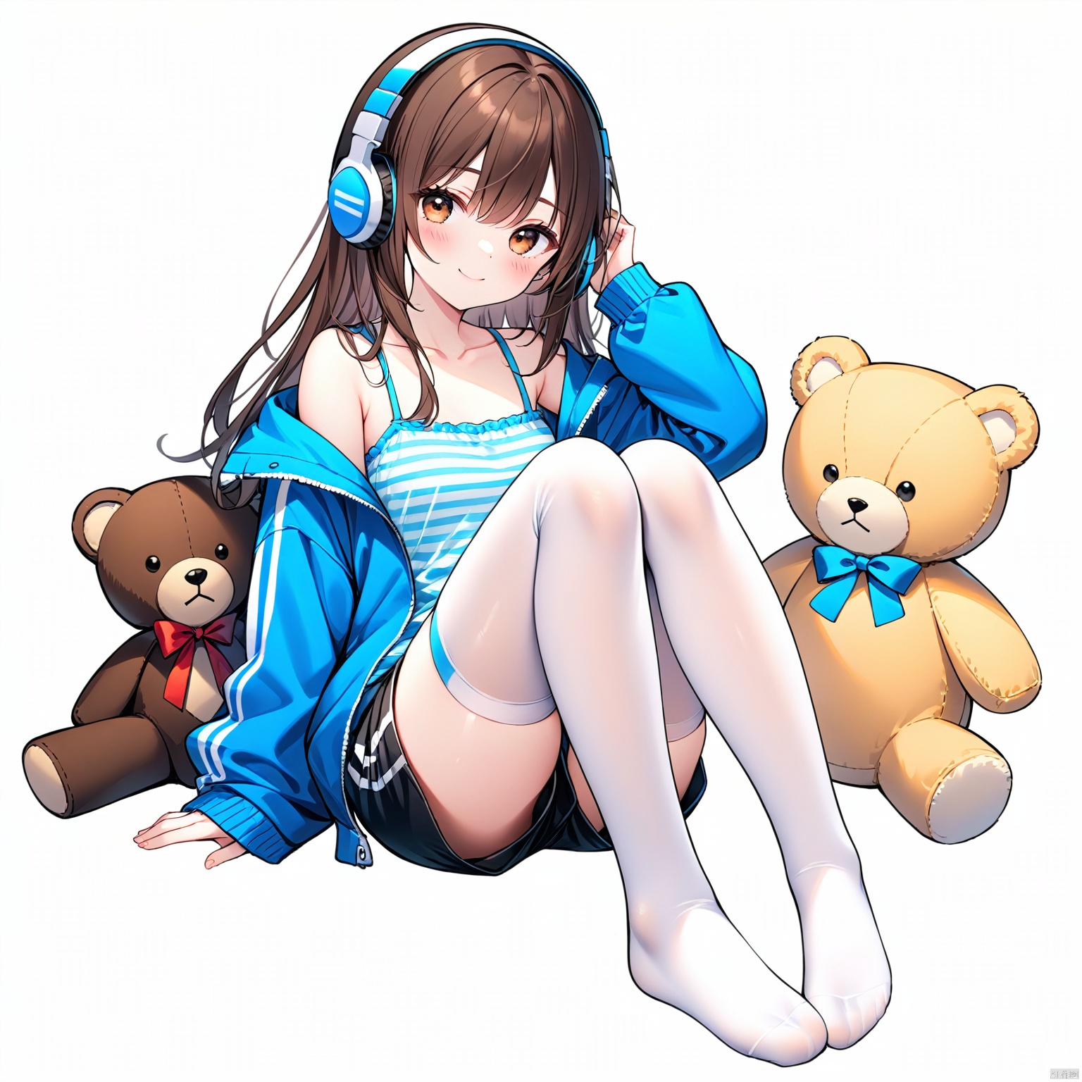 (masterpiece), (best quality),1girl, shorts, solo, blue jacket, stuffed toy, white thighhighs, headphones, thighhighs, brown hair, stuffed animal, no shoes, teddy bear, jacket, sitting, white background, brown eyes, long hair, looking at viewer, black shorts, simple background, feet, smile, closed mouth, open jacket, long sleeves, blush, shirt, open clothes, bangs, short shorts, off shoulder, camisole, full body, collarbone, bare shoulders, striped, hand up, sleeveless shirt, sleeveless, knees up
