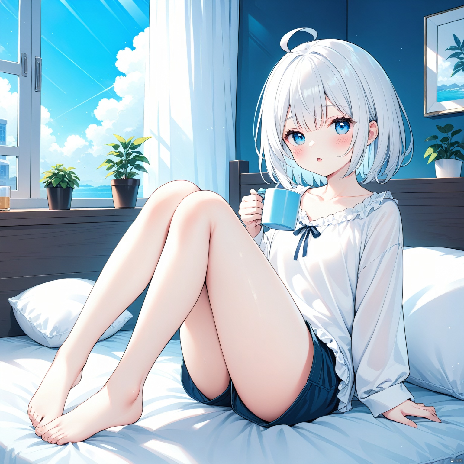 (masterpiece), (best quality),1girl, cup, holding, holding cup, solo, feet, looking at viewer, window, barefoot, toes, plant, indoors, long sleeves, ahoge, bangs, white hair, sitting, legs, blue eyes, curtains, knees up, bare legs, on bed, shirt, pillow, blush, collarbone, parted lips, white shirt, frills, mug, potted plant, thighs, short hair, day, bed, cloud, medium hair, bed sheet, full body, shorts, open mouth