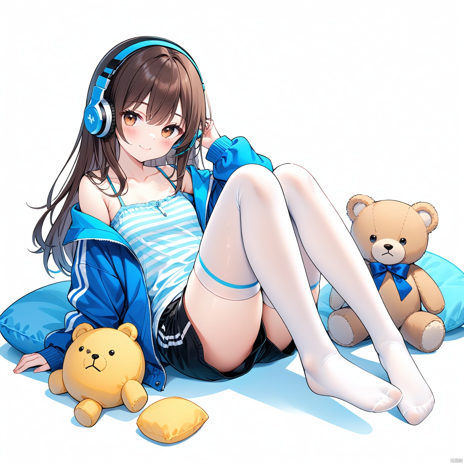 (masterpiece), (best quality),1girl, shorts, solo, blue jacket, stuffed toy, white thighhighs, headphones, thighhighs, brown hair, stuffed animal, no shoes, teddy bear, jacket, sitting, white background, brown eyes, long hair, looking at viewer, black shorts, simple background, feet, smile, closed mouth, open jacket, long sleeves, blush, shirt, open clothes, bangs, short shorts, off shoulder, camisole, full body, collarbone, bare shoulders, striped, hand up, sleeveless shirt, sleeveless, knees up