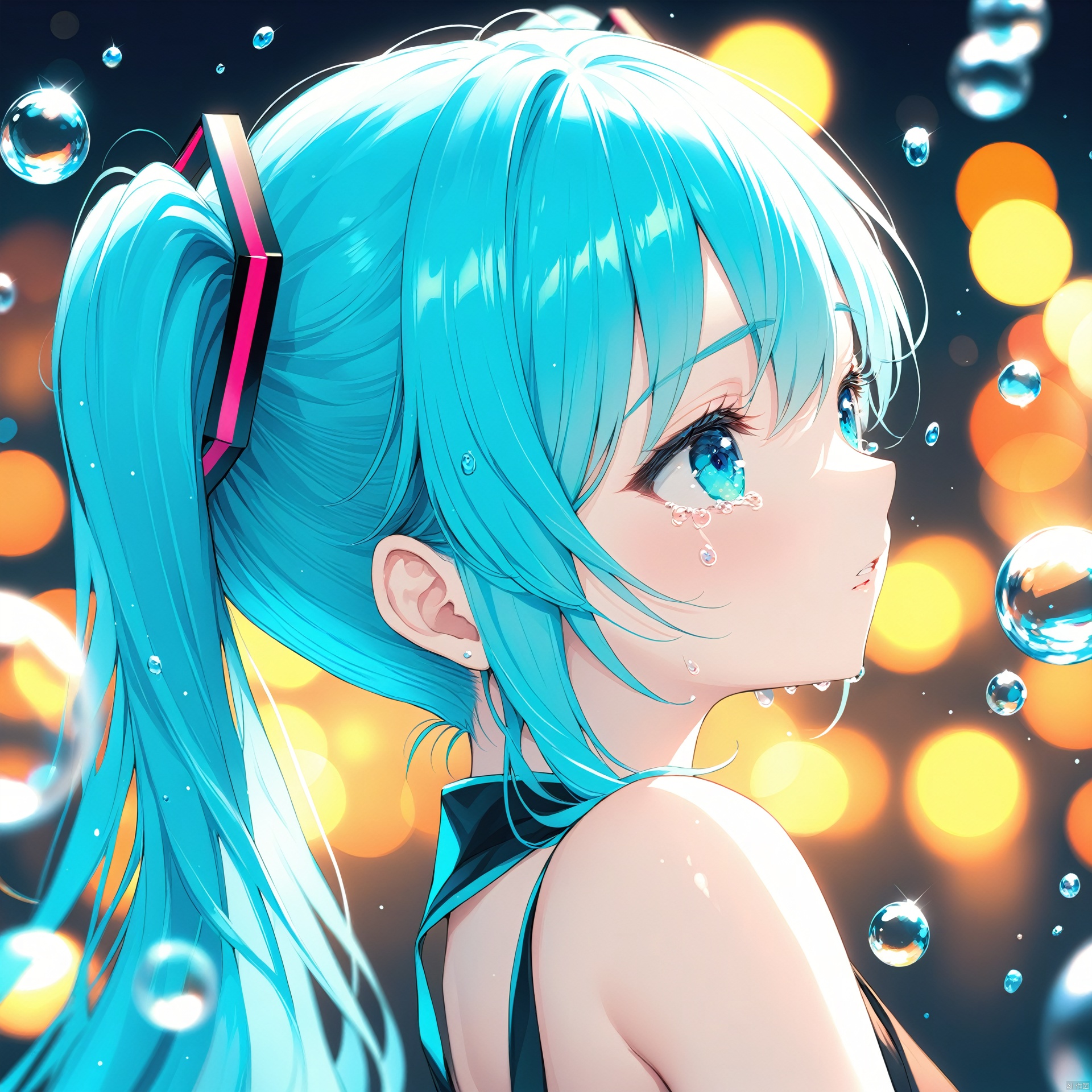 (masterpiece), (best quality), illustration, ultra detailed, hdr, Depth of field, (colorful),1girl, solo, hatsune miku, long hair, twintails, profile, blue hair, crying, tears, bubble, from side, eyelashes, blue eyes, crying with eyes open, blurry, upper body, parted lips, bangs, bokeh, portrait, close-up, water drop, aqua eyes, hair ornament, depth of field, bare shoulders, aqua hair