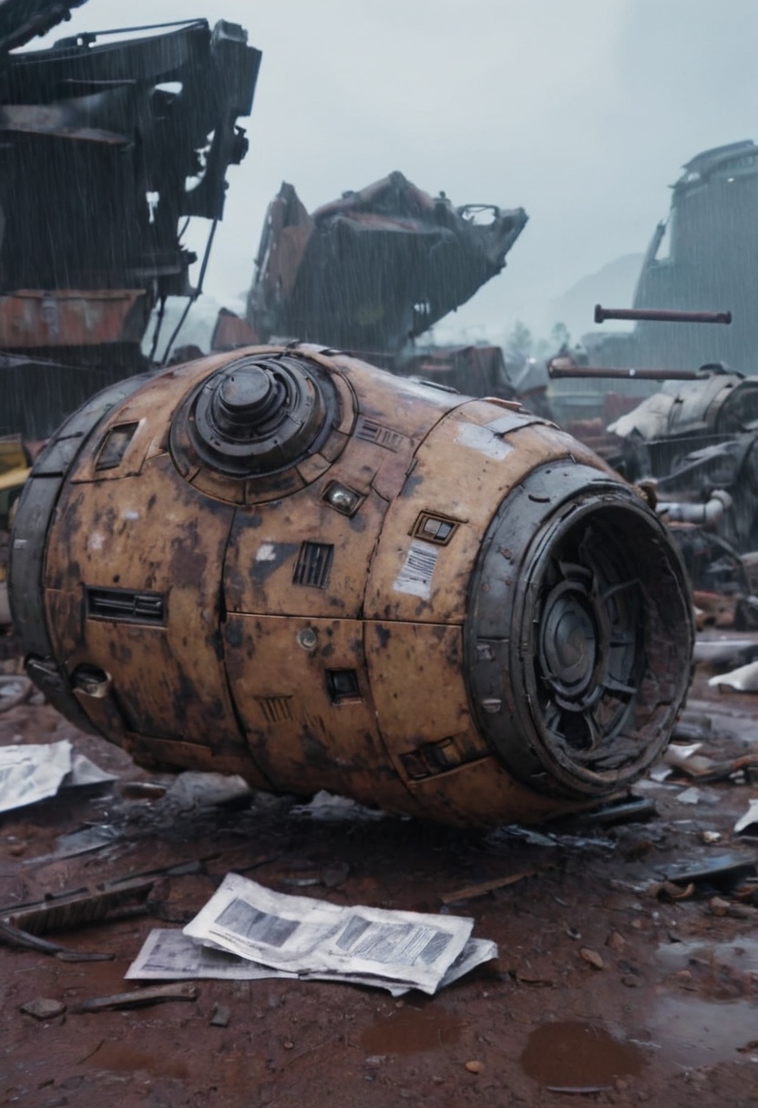cinematic still of a Trade Federation Droid wreckage on a junkyard,  rain,  paper on Tensor.Art