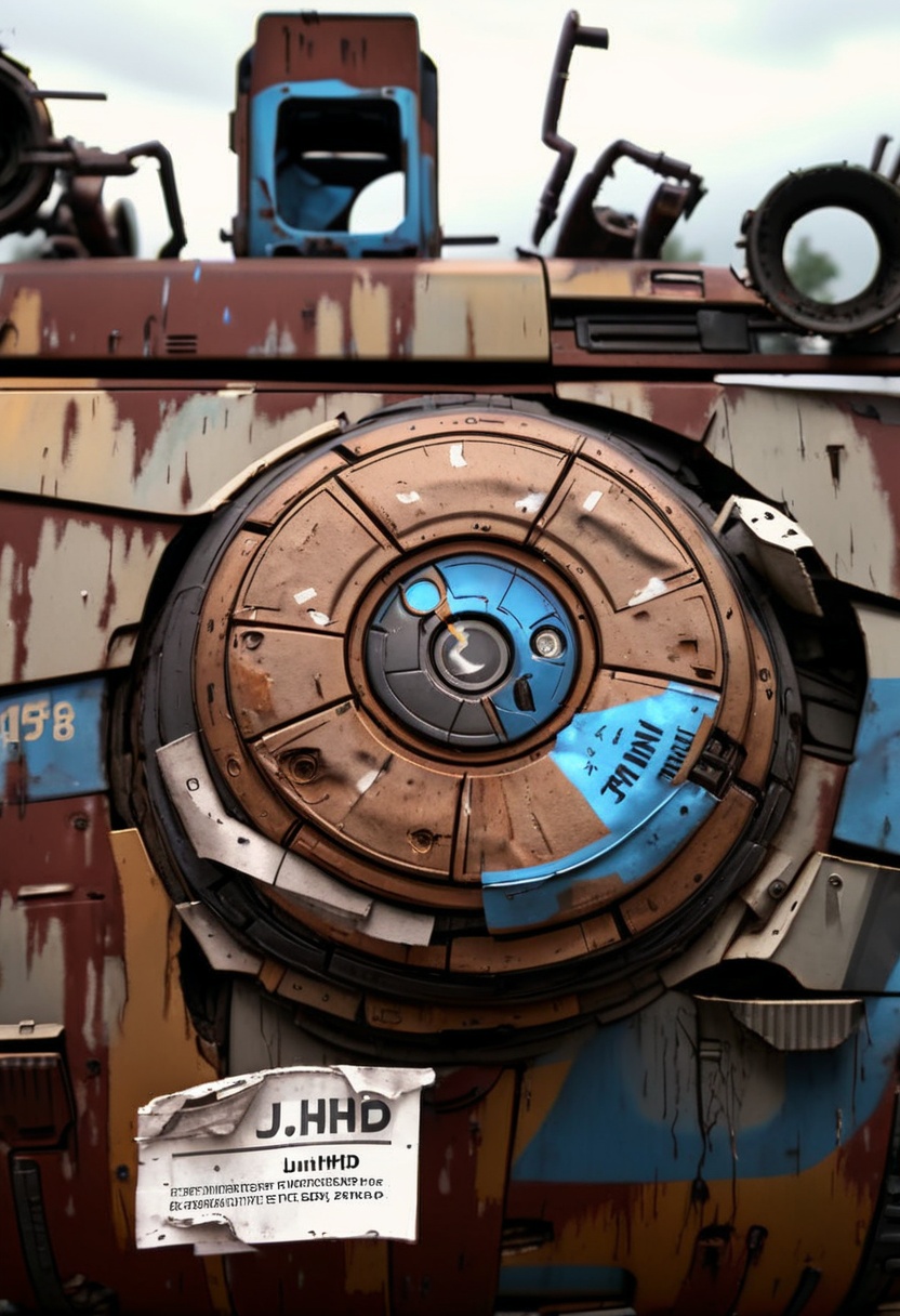 Photo of a Trade Federation Droid wreckage on a junkyard,  rain,  paper on Tensor.Art
