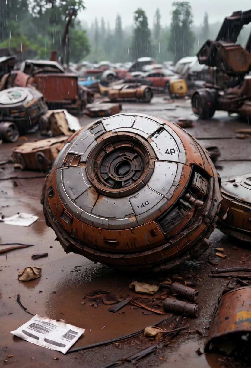 Photo of a Trade Federation Droid wreckage on a junkyard,  rain,  paper on Tensor.Art