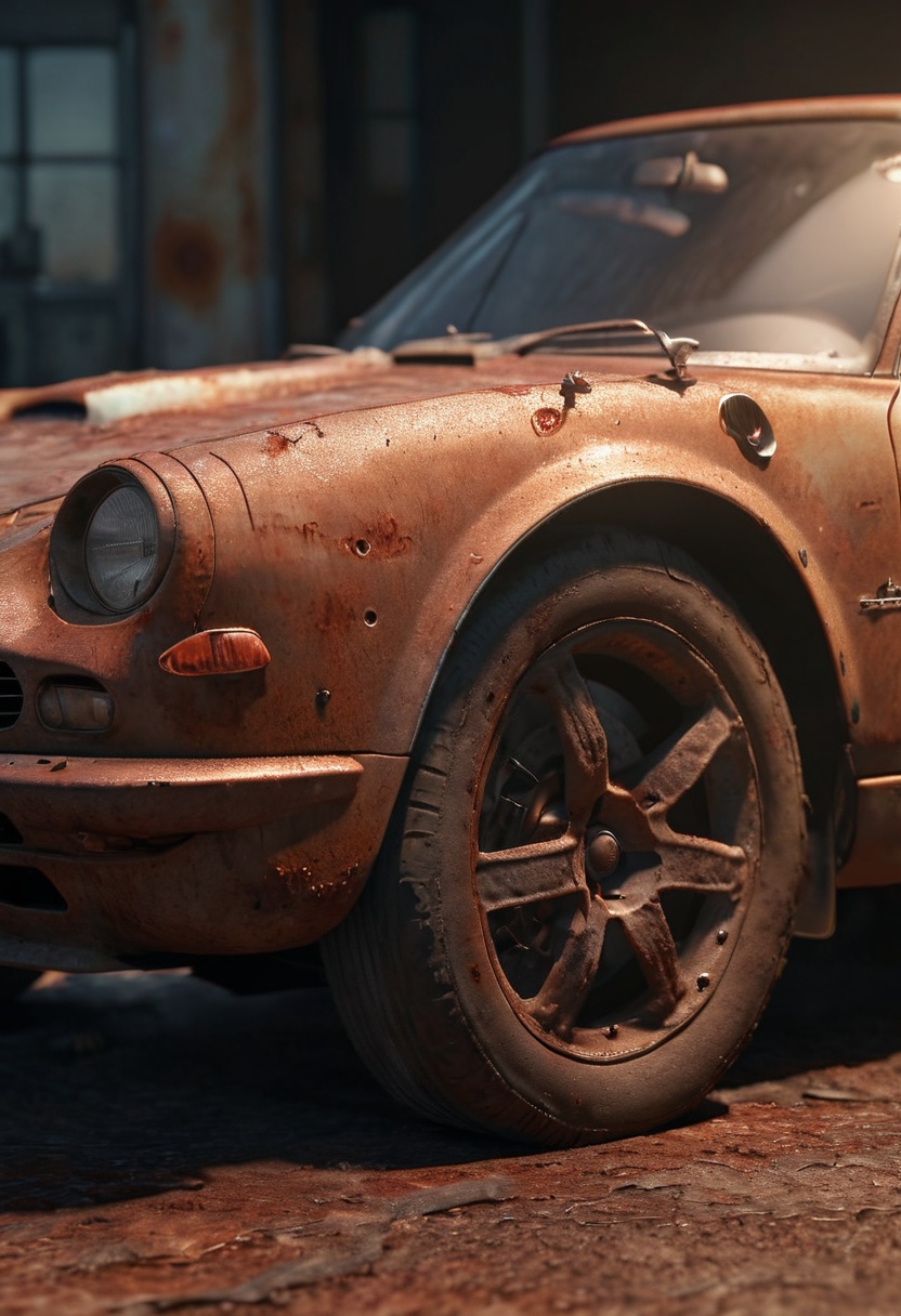 rusty sports car,  very detailed,  cinematic lighting on Tensor.Art