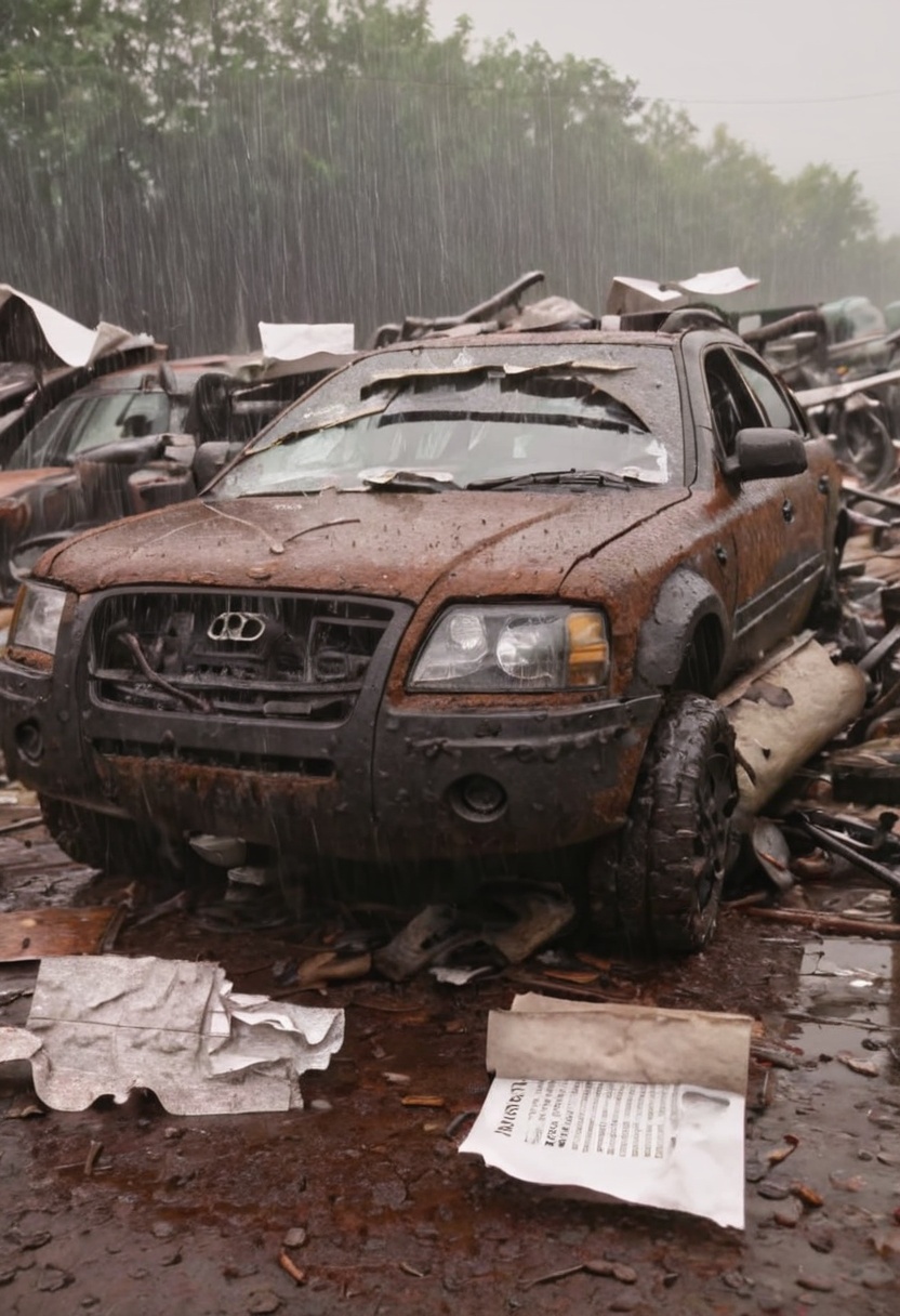 cinematic still of a wreckage on a junkyard,  rain,  paper on Tensor.Art
