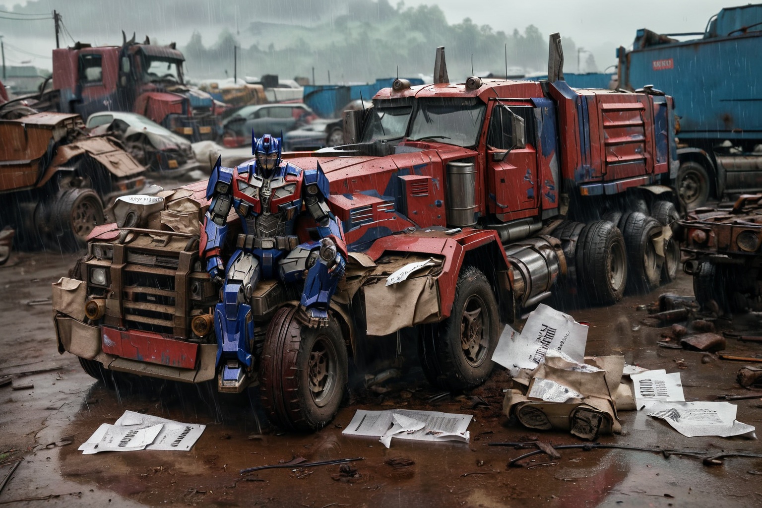 Photo of Optimus Prime lying on the gran,  in a junkyard,  rain on Tensor.Art