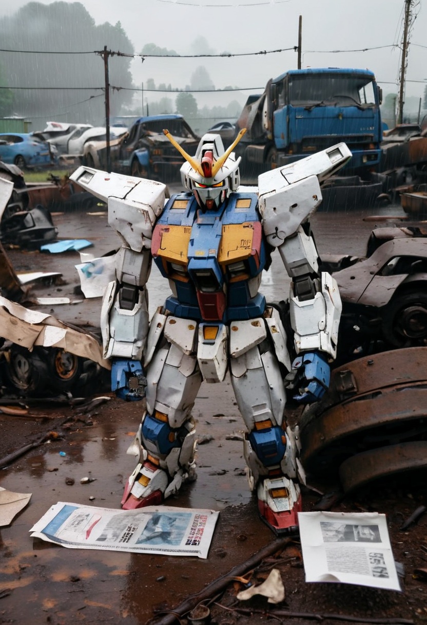 Photo of a Gundam wreckage on a junkyard,  rain,  paper on Tensor.Art