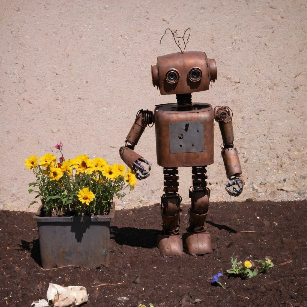 rusty robot planting flowers on Tensor.Art