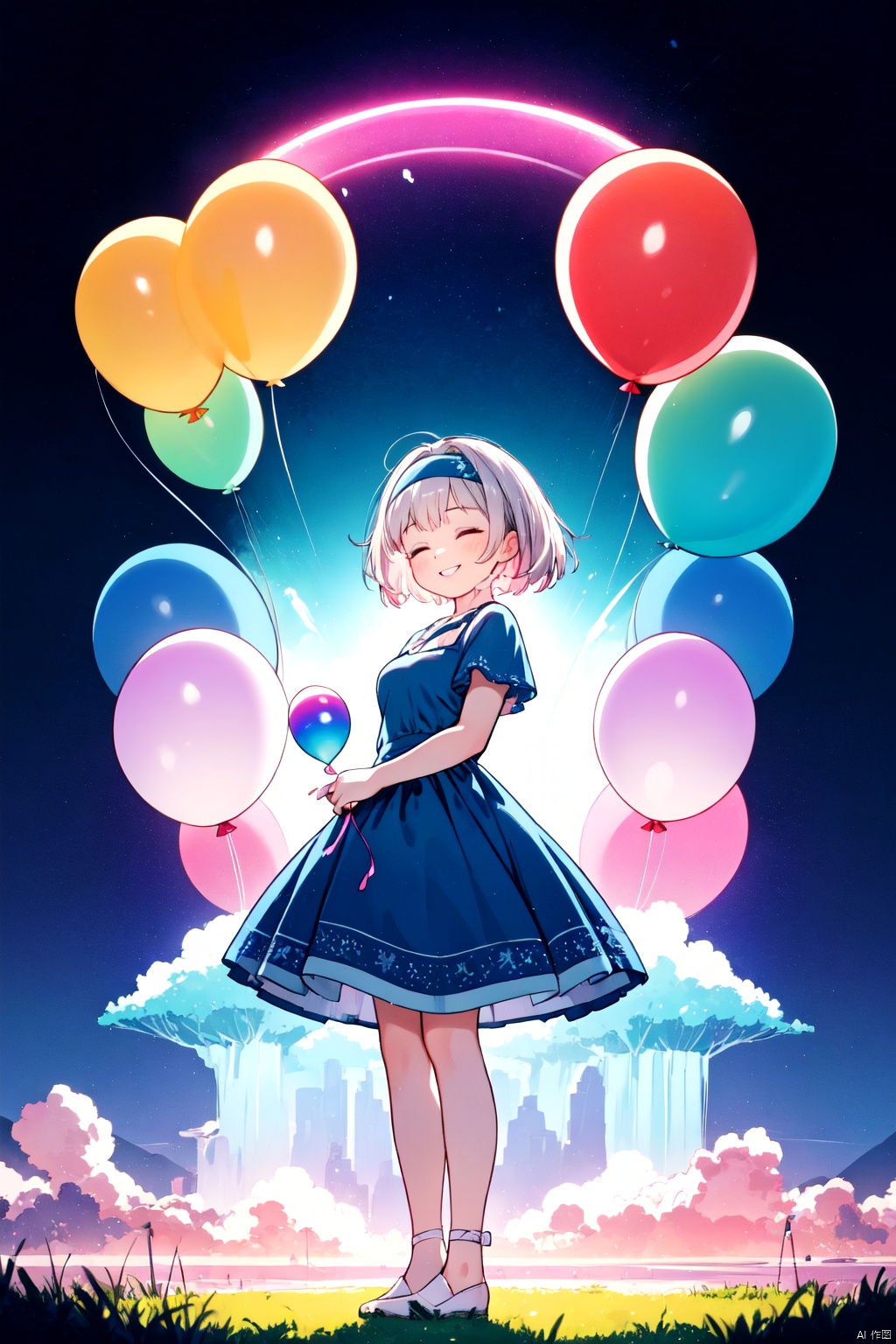 A girl wearing a blue dress and a pink headband, holding a pink balloon, standing under a vibrant rainbow. Her eyes are gently closed, and a pure, innocent smile graces her lips. The background features a series of brilliant rainbows, radiating vivid and captivating colors, creating a fantastical dream-like setting. The scene is depicted with HDR, ultra-fine painting quality, and sharp focus. The art style blends portraits and dreamy landscapes, emphasizing the girl's serene presence beneath the rainbow. The lighting should enhance the magical and sweet atmosphere of the scene, casting a soft and enchanting glow.