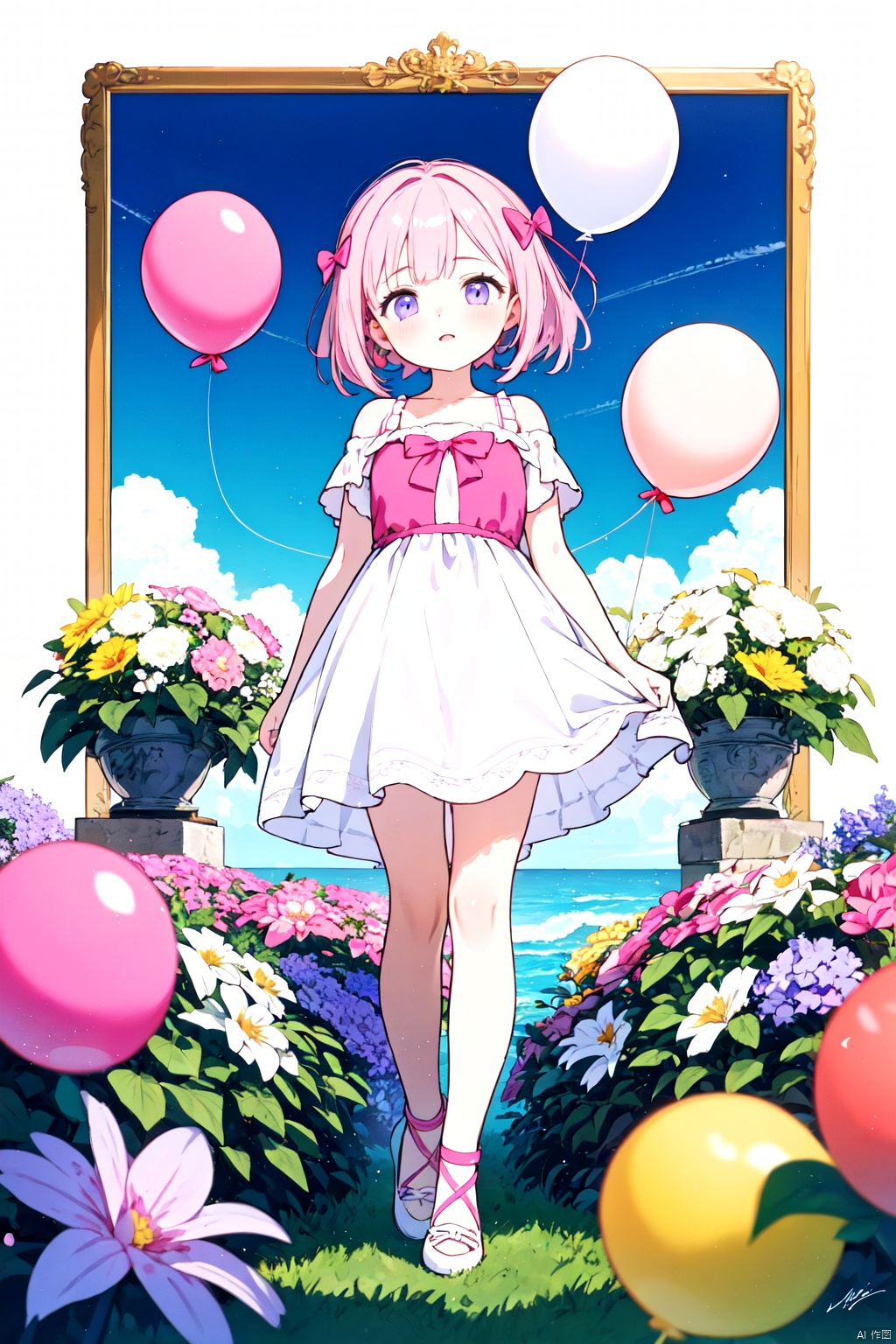 A girl in a pink sundress, with long flowing hair adorned with a pink bow hair accessory, playfully holding a pink balloon, standing amidst a dreamy sea of flowers. The background exhibits a soft gradient, transitioning from light pink to pale purple, resembling a watercolor painting from a dream. The scene is depicted with HDR, featuring ultra-fine painting quality, vivid colors, and sharp focus. The art style blends portraits and dreamy landscapes, highlighting the girl's lively and adorable nature. The lighting should capture the enchanting ambiance of a magical garden bathed in soft, ethereal light.