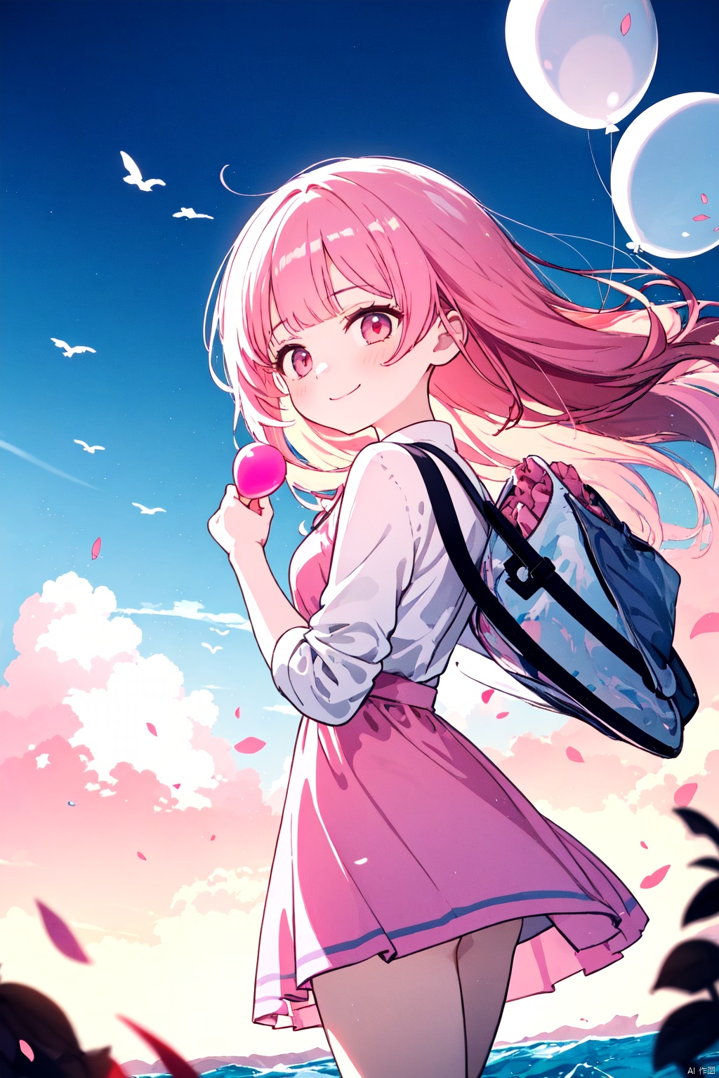 A girl in a pink dress, with pink hair flowing in the wind, holding a pink balloon, standing amidst a sea of pink clouds. Her hair cascades down her back, and she wears a gentle smile. The background features pink clouds with a gradient of colors, creating a soft and tender atmosphere. The scene is depicted with HDR, ultra-fine painting quality, and sharp focus. The art style combines portraits and dreamy landscapes, emphasizing the girl's serene presence in the sky. The lighting should enhance the dreamlike quality of the scene, casting a soft glow over the entire composition.