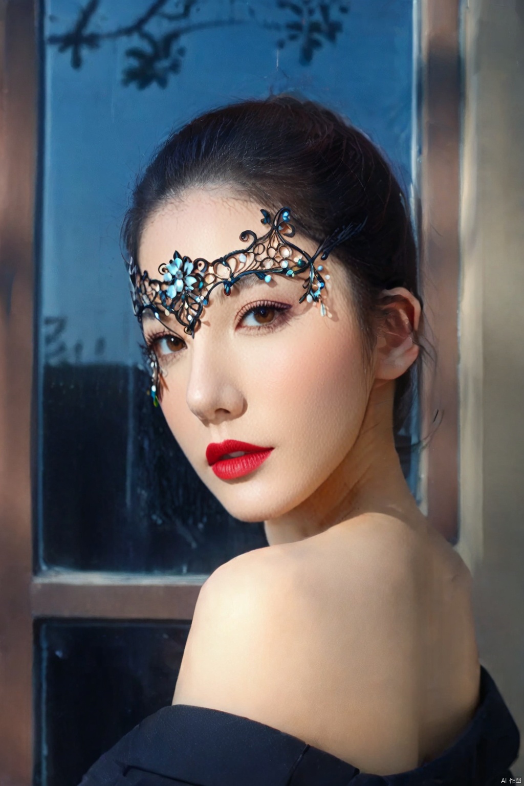 1girl, solo, red lips, black hair, looking at viewer, window, parted lips, lipstick, brown eyes, lips, makeup, bare shoulders, upper body, off shoulder