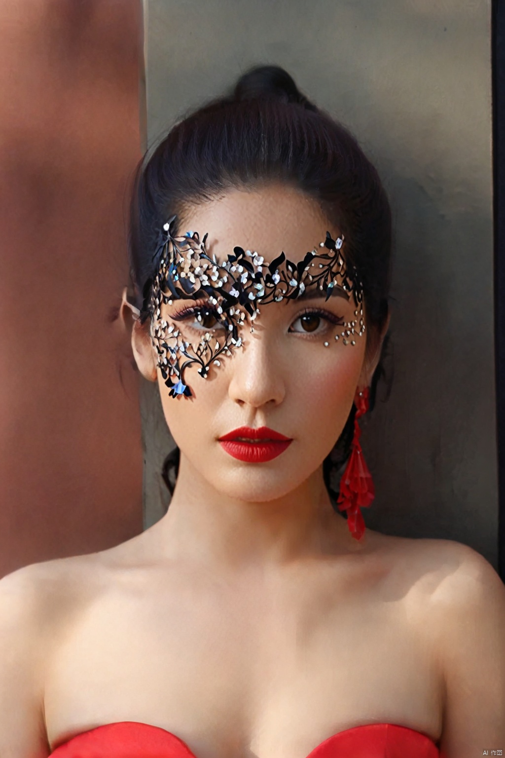 1girl, solo, jewelry, black hair, ring, dress, bare shoulders, red dress, red lips, makeup, strapless, lips, breasts, lipstick, earrings, upper body, brown eyes, looking at viewer, strapless dress