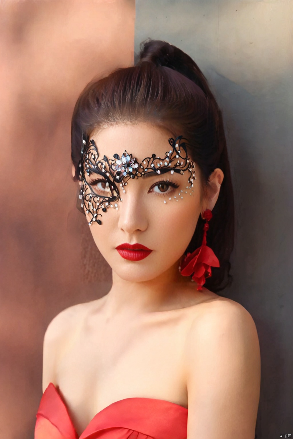 1girl, solo, earrings, jewelry, ponytail, lipstick, makeup, dress, red lips, lips, black hair, looking at viewer, green eyes, upper body, realistic, red dress, brown hair