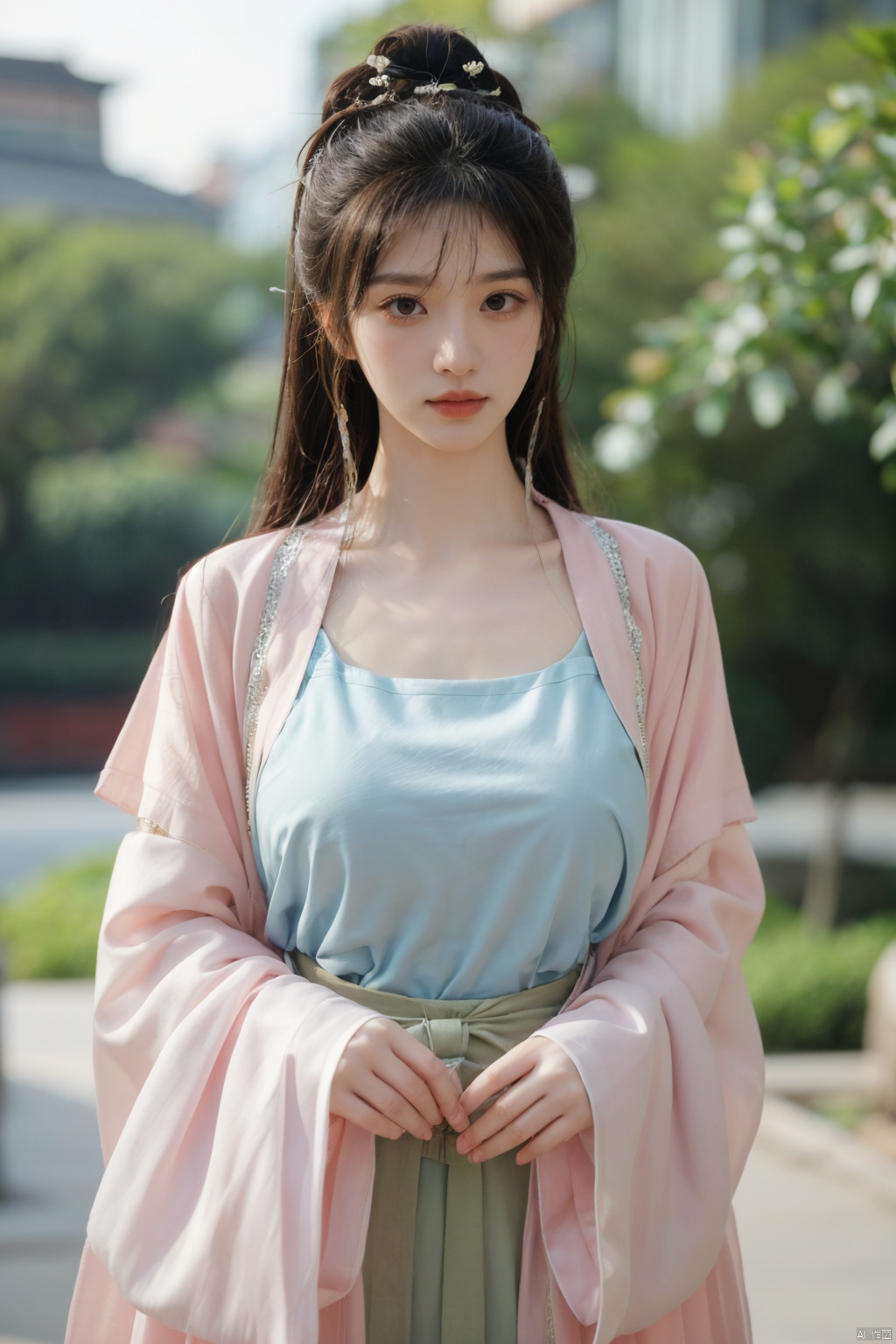 Surrealist beauty photo,(pink-green hanfu),Xtianxiwei,(big_breasts:1.39), Yunxiao_Fairy,1girl,depth of field,QIEMANCN