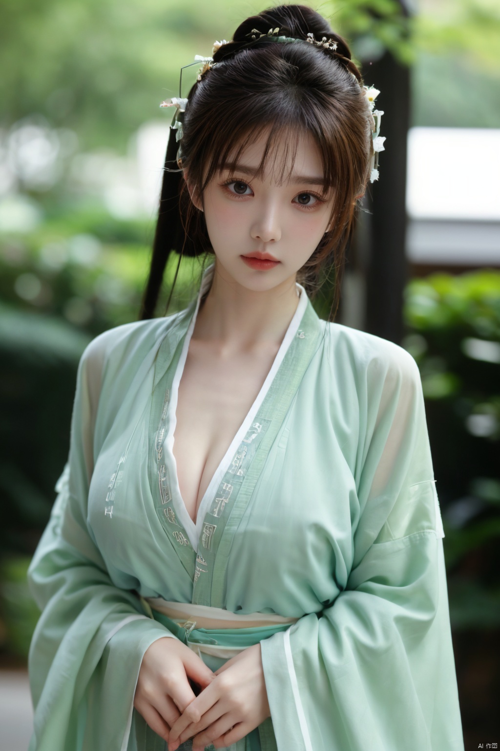 Surrealist beauty photo,(green hanfu),Xtianxiwei,(big_breasts:1.39), Yunxiao_Fairy,1girl,depth of field,