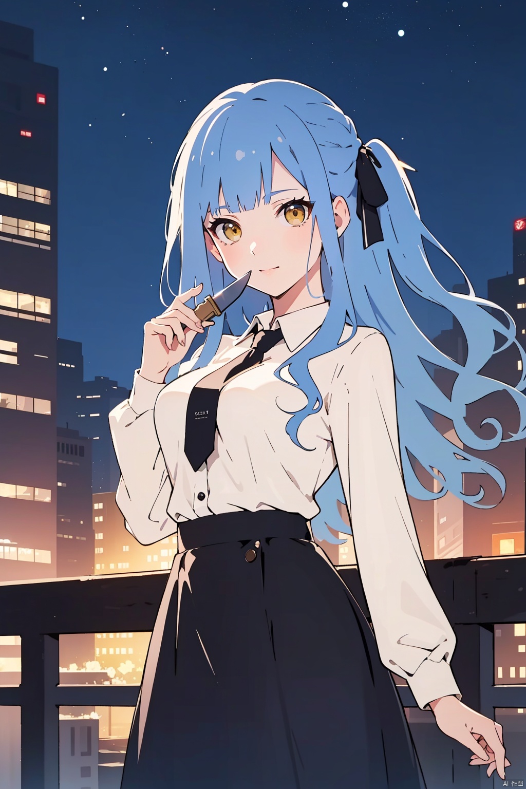 ribbon,hair ribbon, yellow eyes,black ribbon, knife, high-waist skirt, holding knife, dagger, holding dagger,cybersaki,blue hair,
1girl, solo, long hair, breasts, looking at viewer, bangs, skirt, shirt, long sleeves, ribbon, medium breasts, closed mouth, blue hair, standing, hair ribbon, yellow eyes, sidelocks, cowboy shot, outdoors, sky, hand up, blunt bangs, black skirt, two side up, black ribbon, night, wavy hair, building, night sky, grey shirt, high-waist skirt, city, cityscape, skyscraper