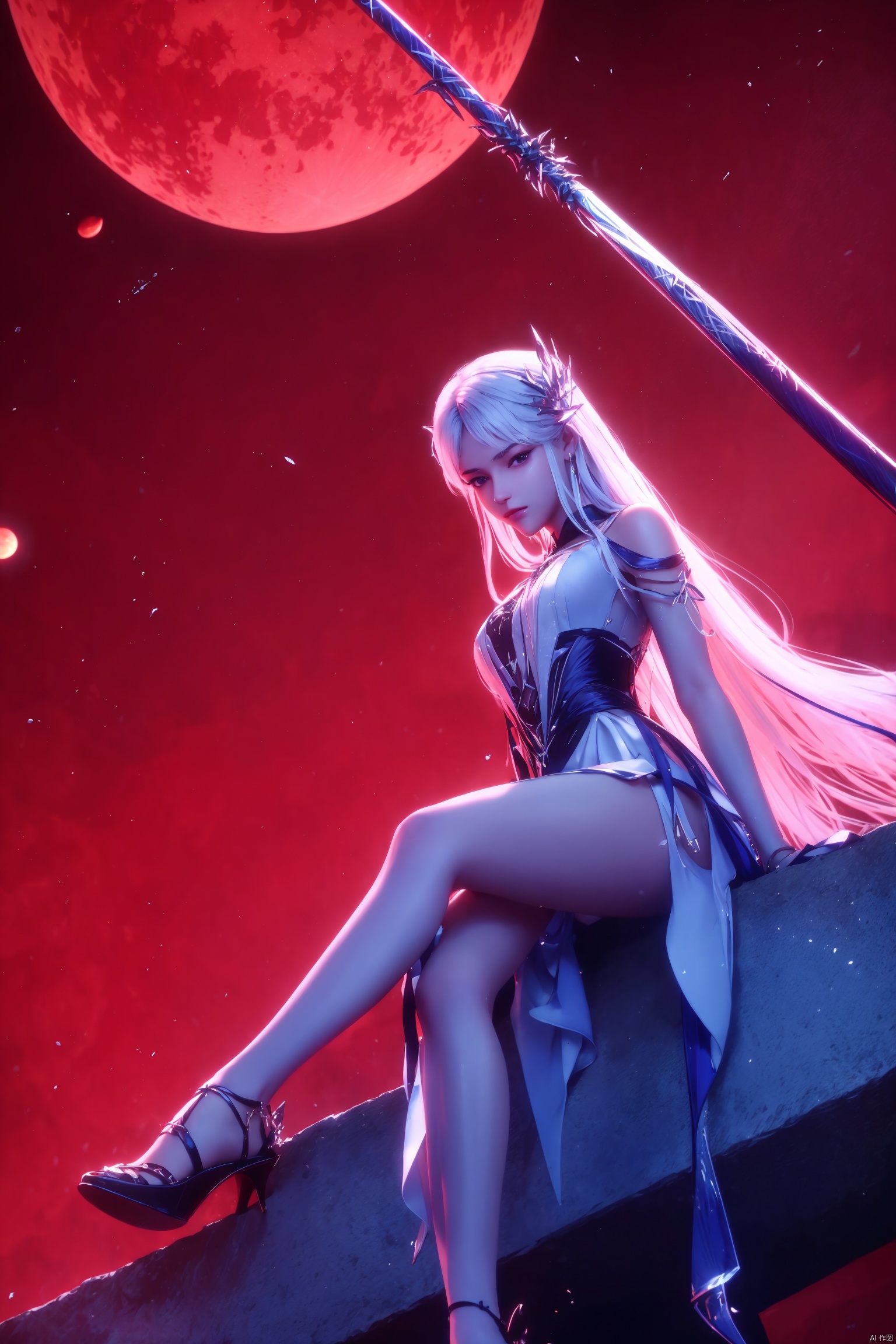 1 girl, bird, cloud, cloudy, sky at dusk, holding weapons, long legs, beautiful legs, sitting in the clouds, watching the audience, sky, red background, red moon, silver hair, sky, solo, spear, sun, sunset, sword, dusk, water, waves, weapons