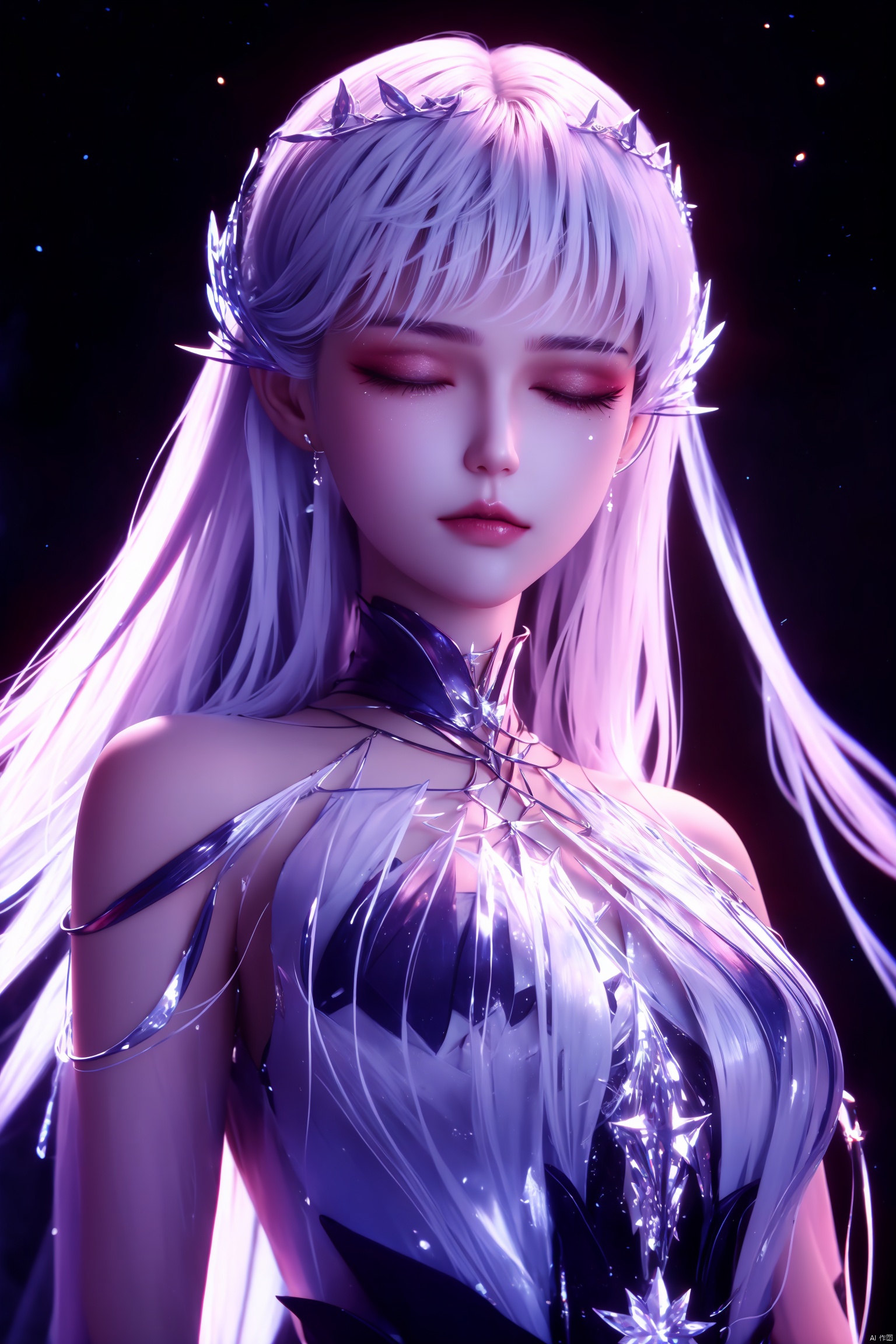 HD, girl, (silver hair),headwear, long hair, blowing with the wind, eyes closed, eyes closed, red moon, beautiful appearance, half body, crystal clothes, silver starlight eye shadow, eyes are starry sky, peerless appearance, clouds, dark clouds