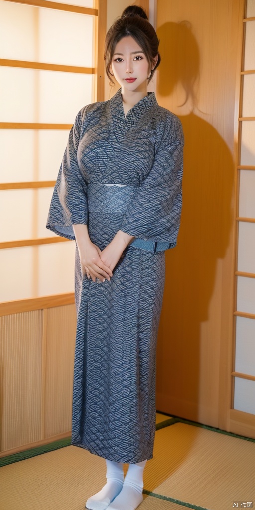  1girl,solo,perfect face,look at viewer,standing,own hands together,
large breasts,long sleeves,japanese clothes,kimono,yukata,white socks,no shoes
tabi,tatami,
﻿masterpiece,best quality,highly detailed,