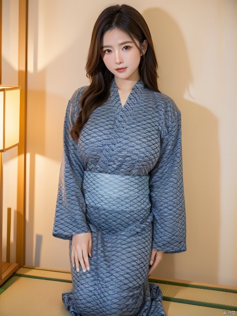 1girl,solo,perfect face,look at viewer,seiza,own hands together,
large breasts,long sleeves,japanese clothes,kimono,yukata,

﻿masterpiece,best quality,highly detailed,