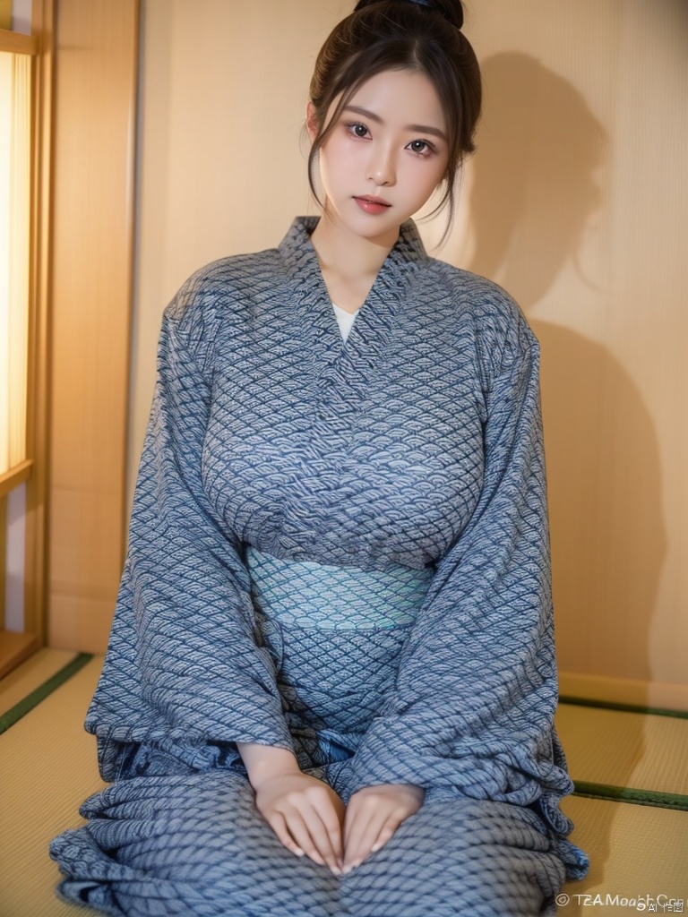 1girl,solo,perfect face,look at viewer,sitting,own hands together,
large breasts,long sleeves,japanese clothes,kimono,yukata,
tatami,
﻿masterpiece,best quality,highly detailed,