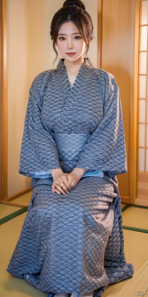 1girl,solo,perfect face,look at viewer,sitting,own hands together,
large breasts,long sleeves,japanese clothes,kimono,yukata,
tatami,
﻿masterpiece,best quality,highly detailed,